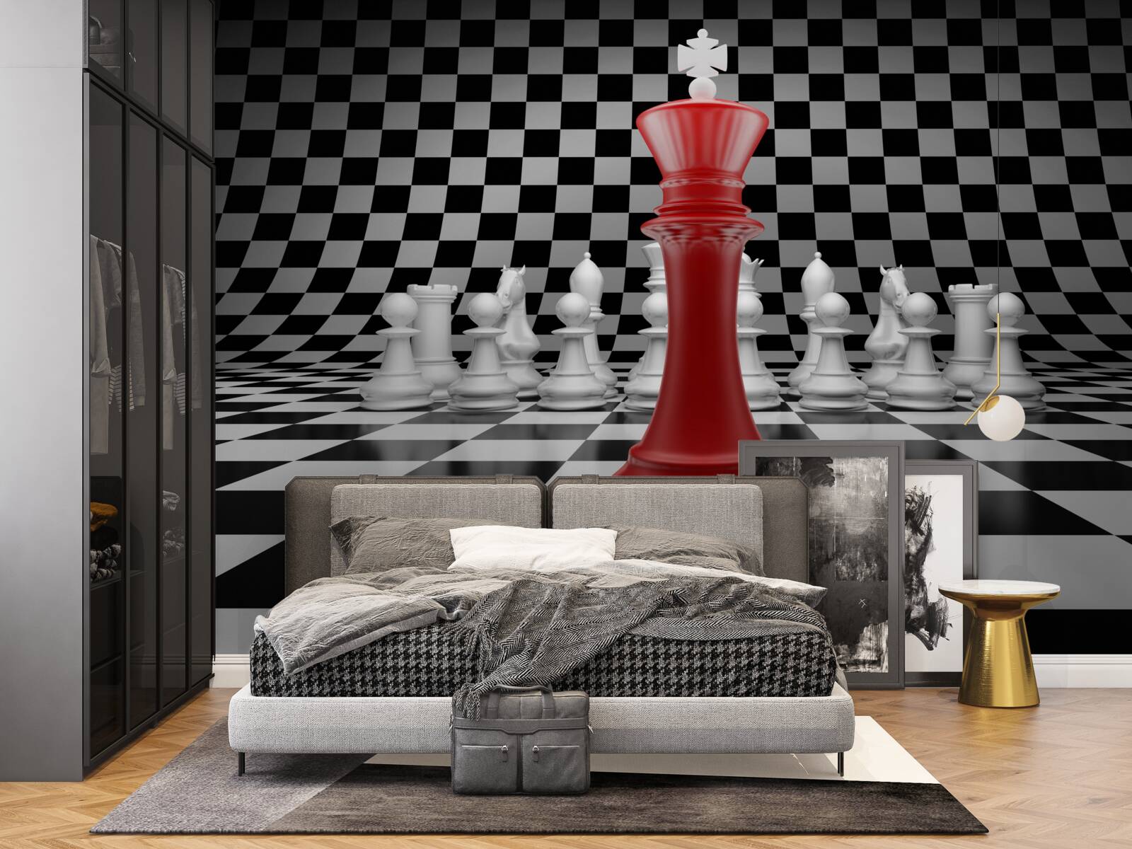 Fotobehang dambord koningin in rood