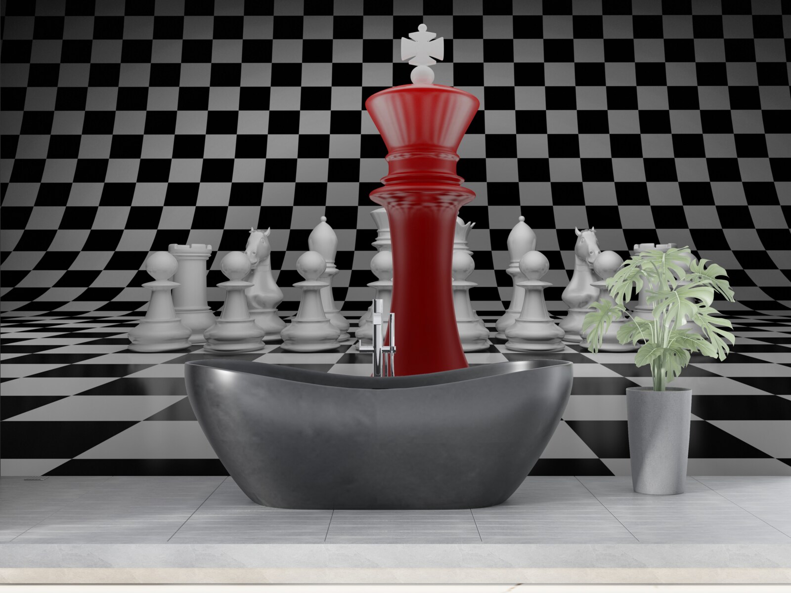 Fotobehang dambord koningin in rood