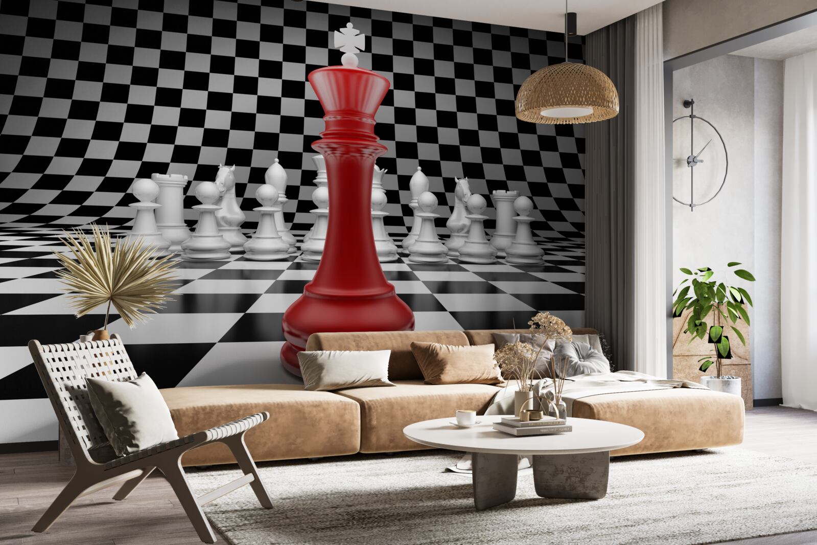 Fotobehang dambord koningin in rood