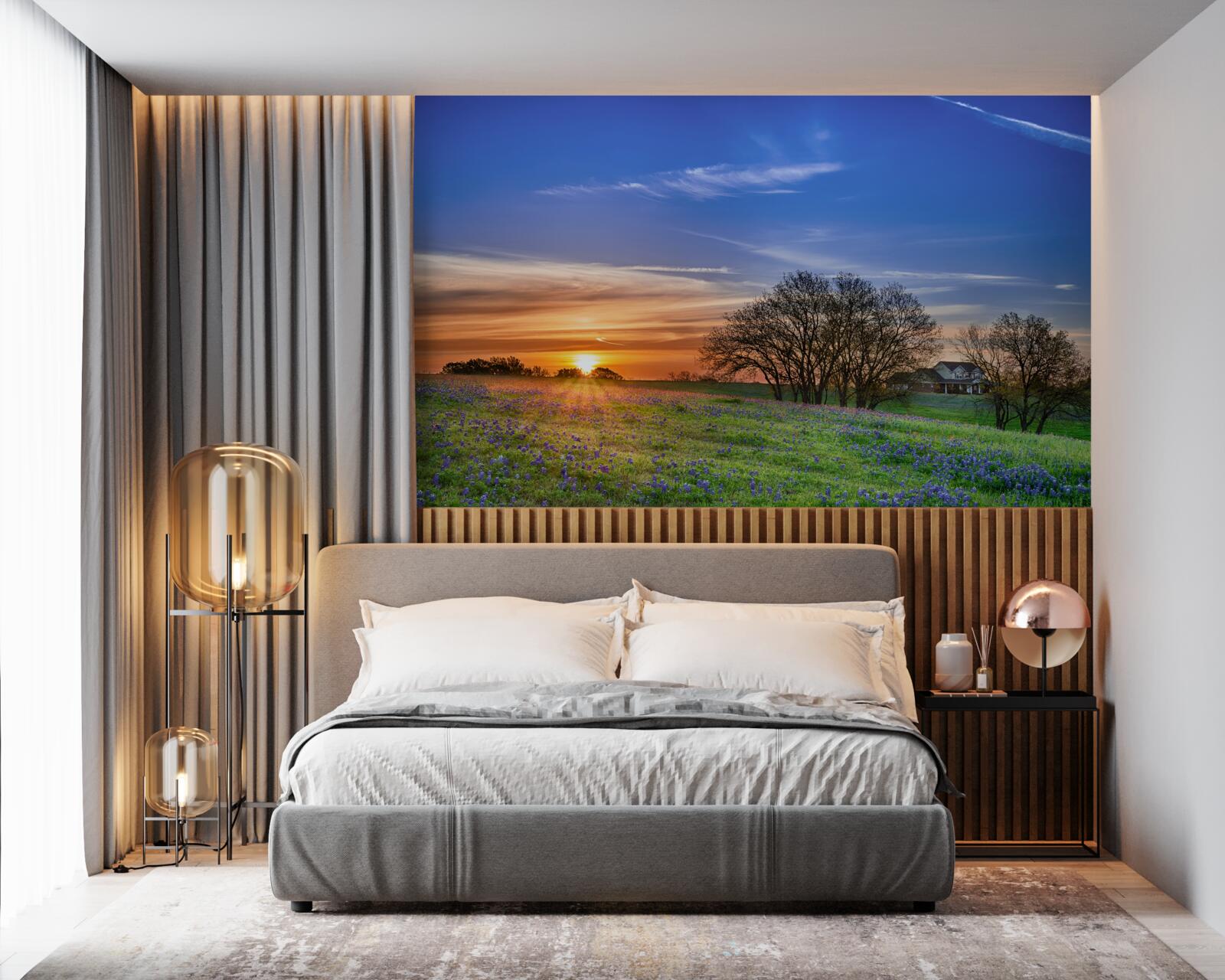 Fotobehang de zon gaat onder boven een veld bezaaid met bloemen