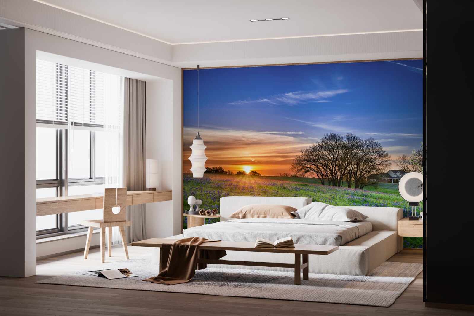 Fotobehang de zon gaat onder boven een veld bezaaid met bloemen