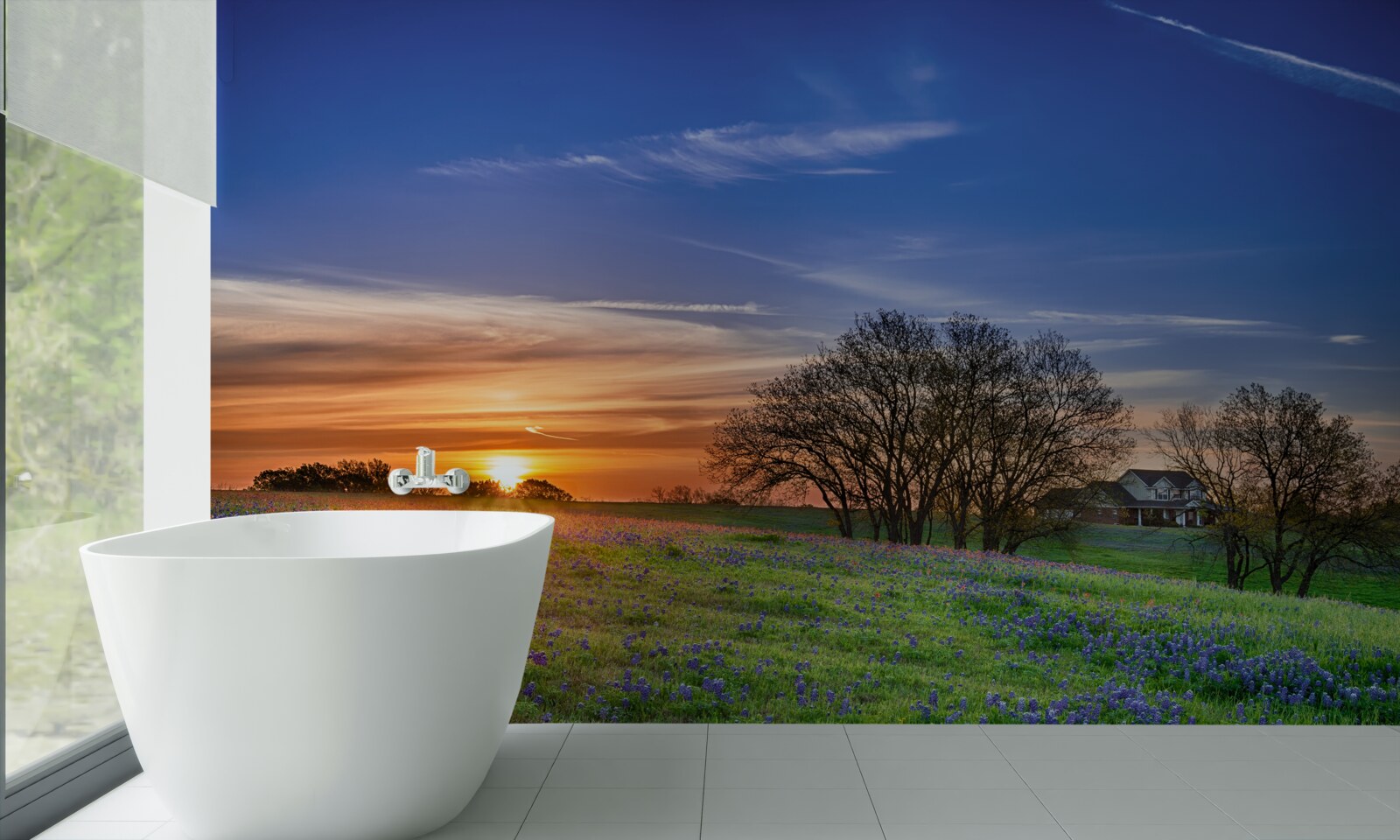 Fotobehang de zon gaat onder boven een veld bezaaid met bloemen