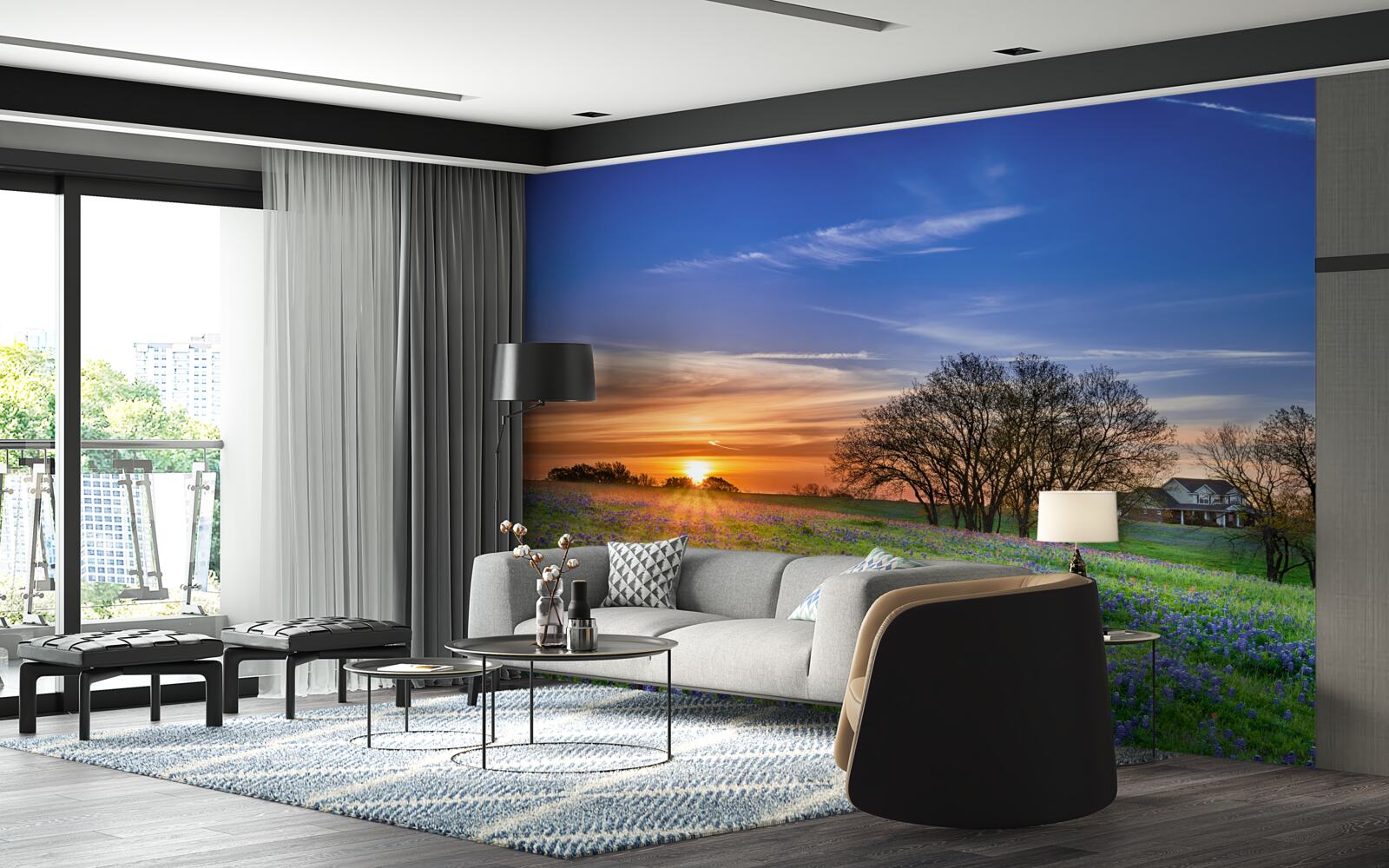 Fotobehang de zon gaat onder boven een veld bezaaid met bloemen