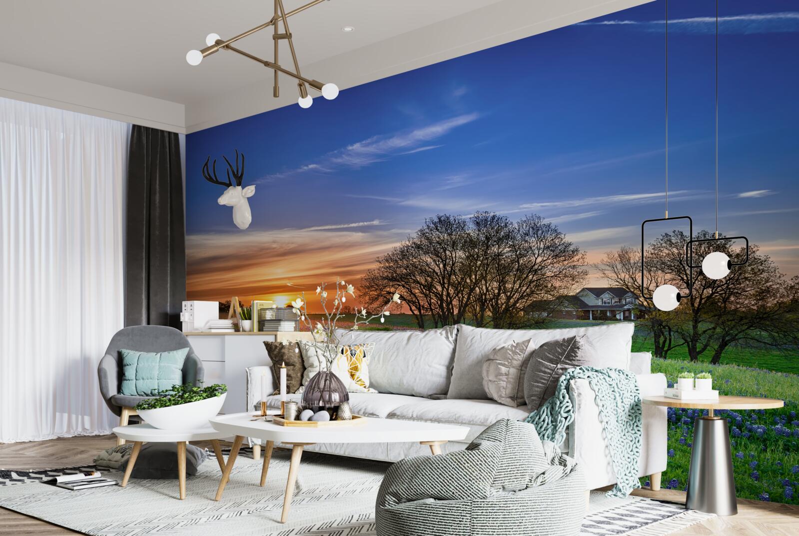 Fotobehang de zon gaat onder boven een veld bezaaid met bloemen