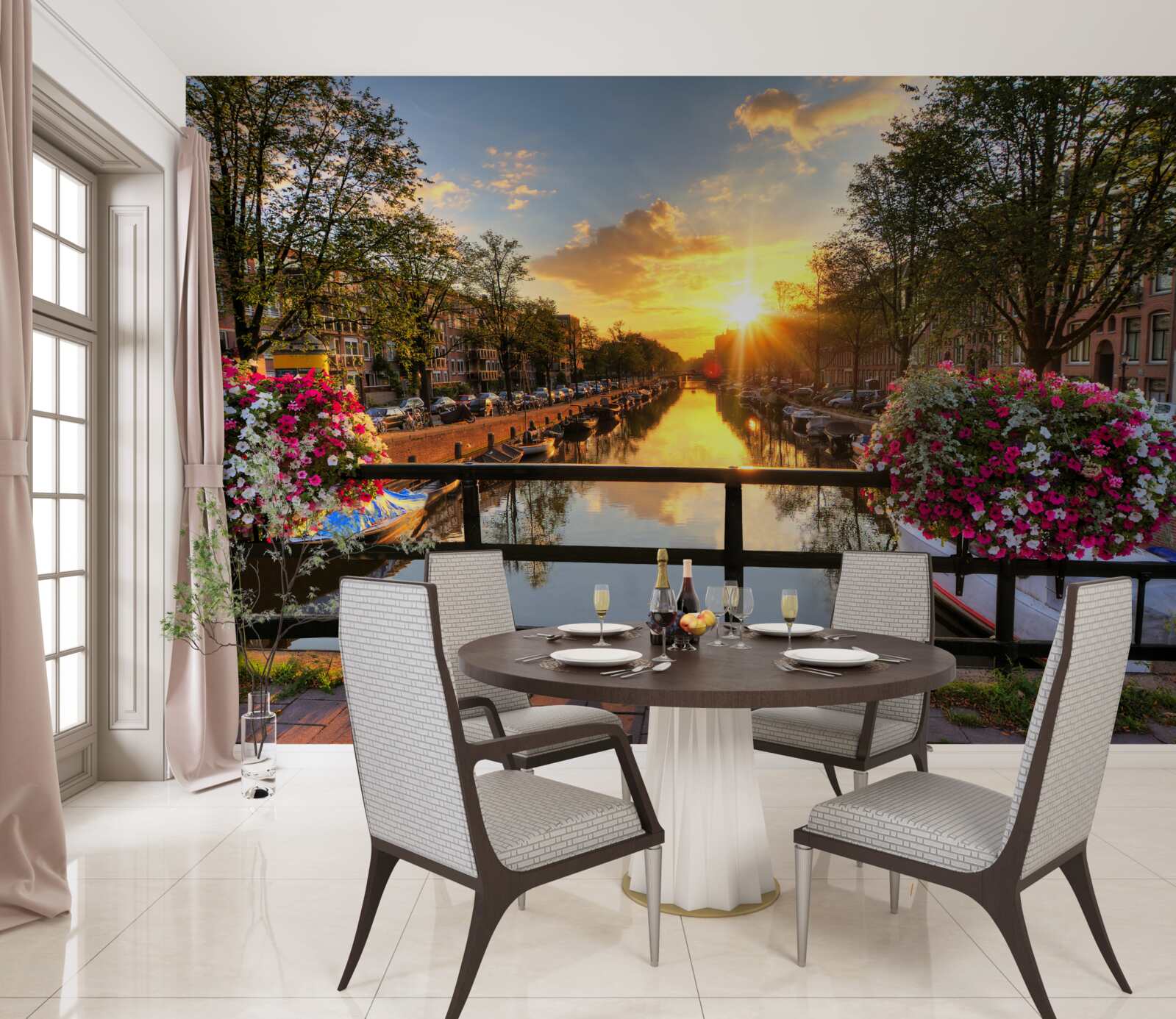 Fotobehang kijken naar de zonsondergang vanaf een brug in amsterdam