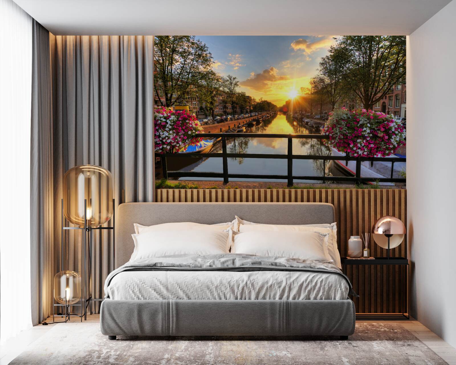 Fotobehang kijken naar de zonsondergang vanaf een brug in amsterdam