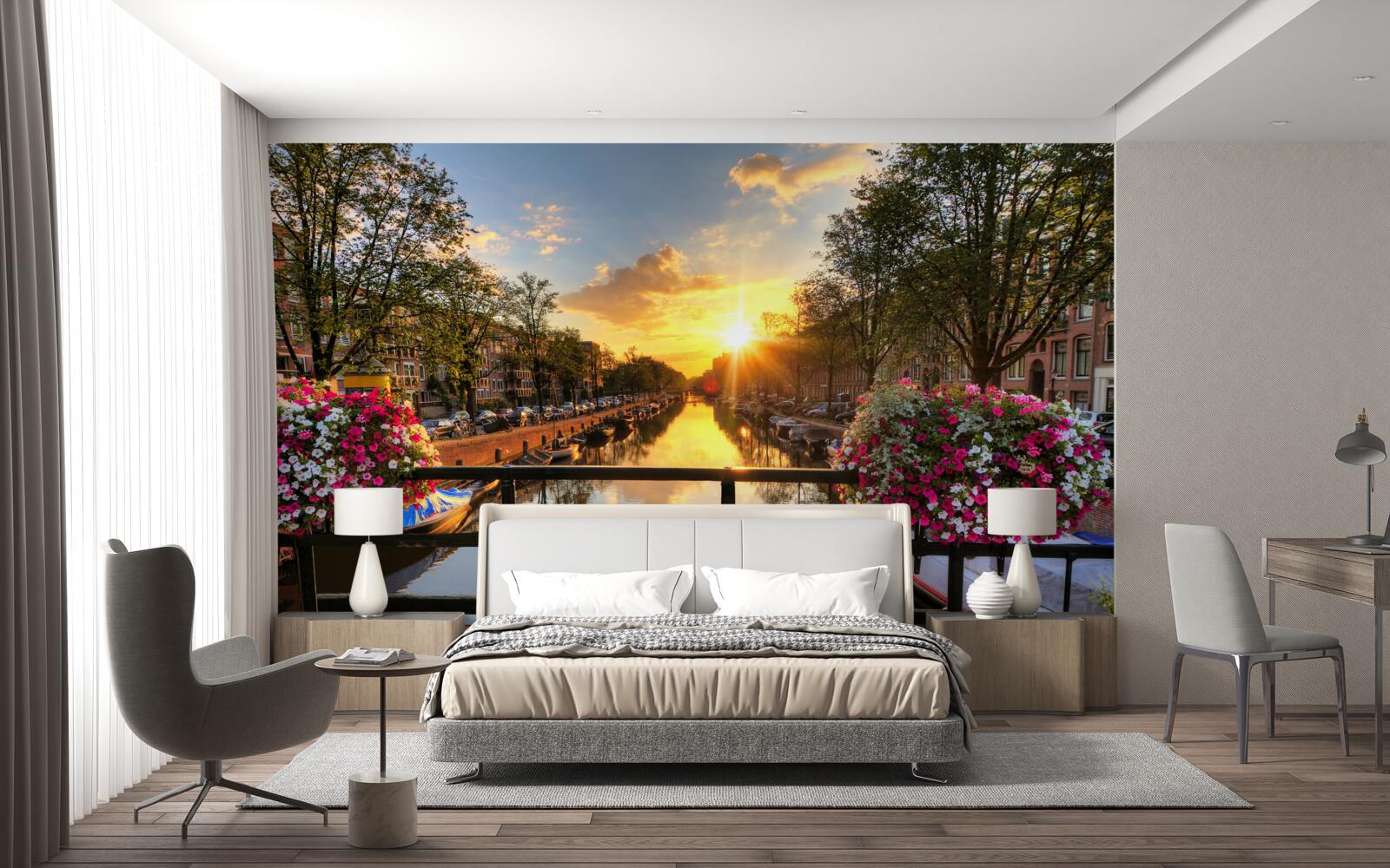 Fotobehang kijken naar de zonsondergang vanaf een brug in amsterdam