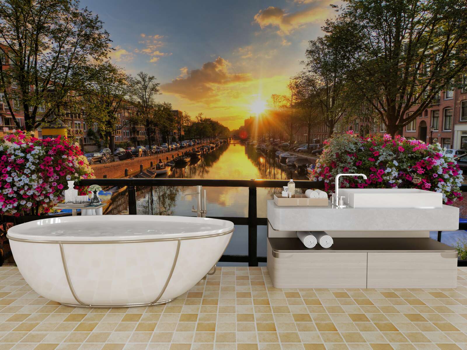 Fotobehang kijken naar de zonsondergang vanaf een brug in amsterdam