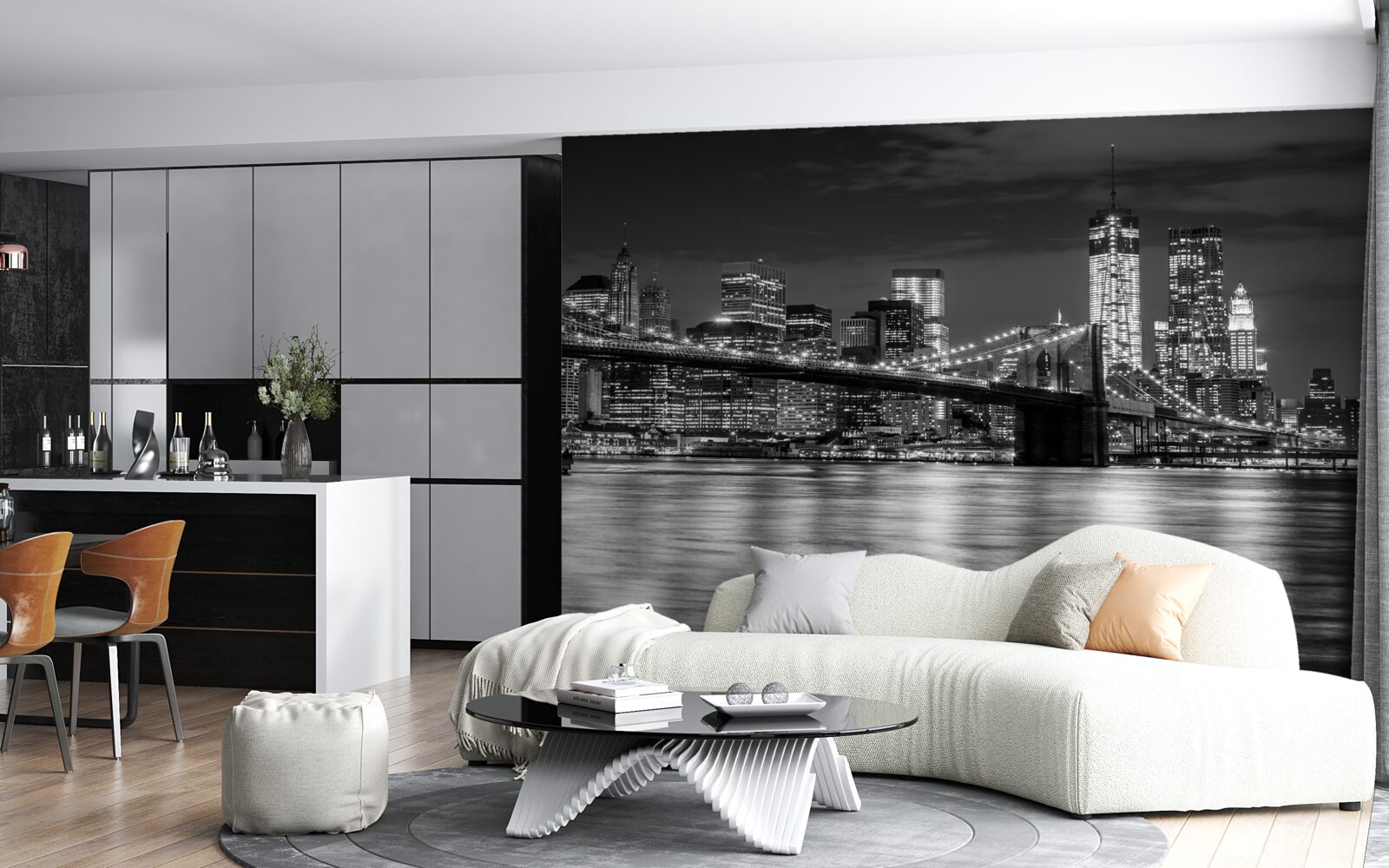 Fotobehang panorama van de brooklyn bridge in zwart-wit