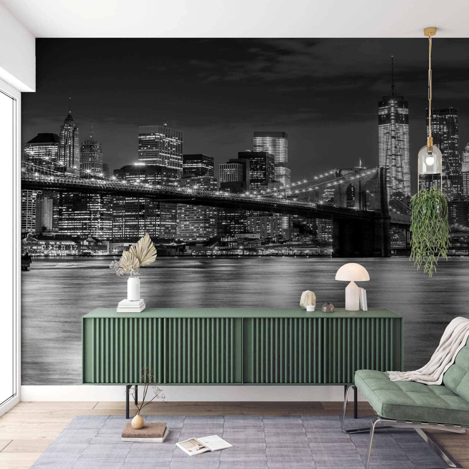 Fotobehang panorama van de brooklyn bridge in zwart-wit