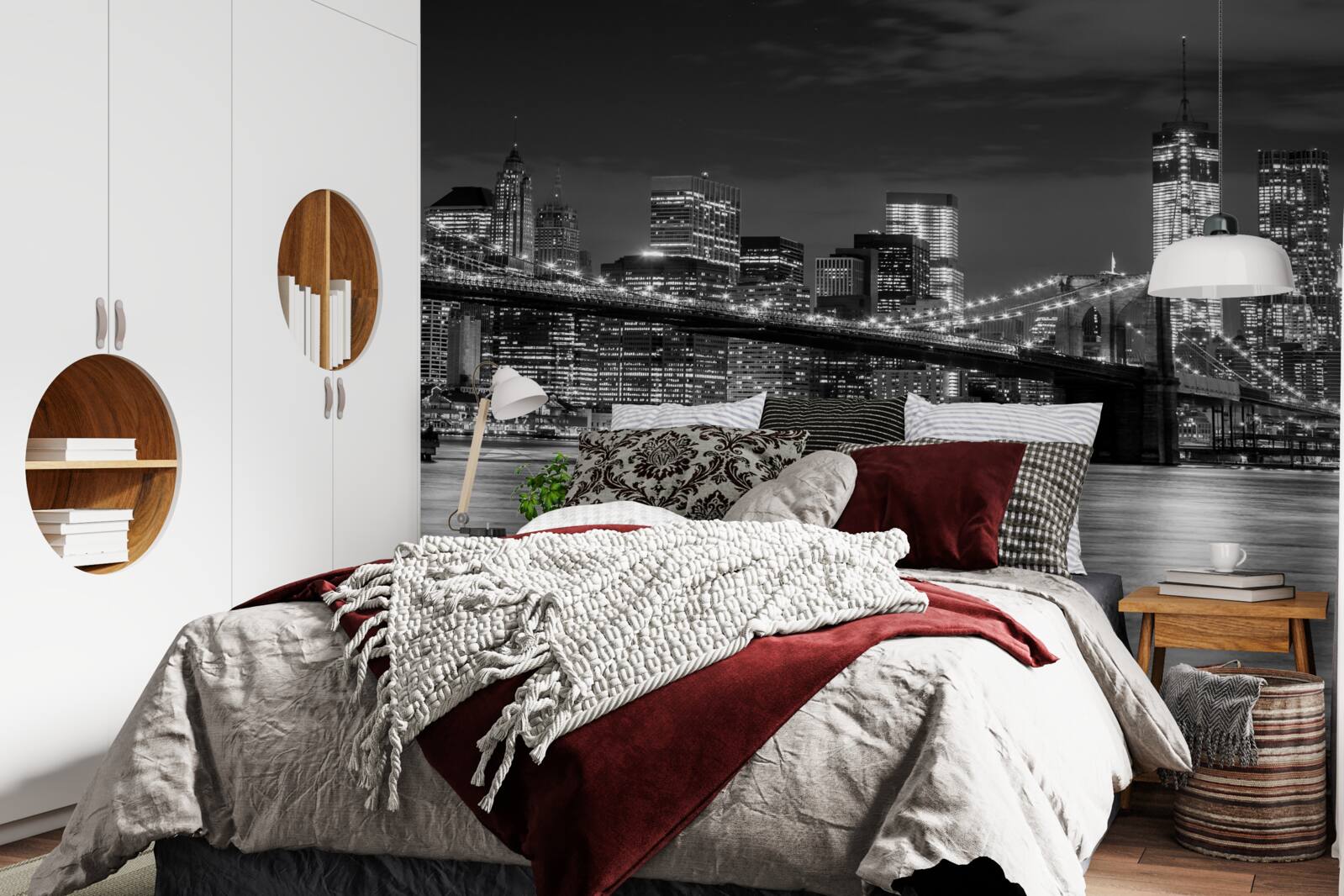 Fotobehang panorama van de brooklyn bridge in zwart-wit