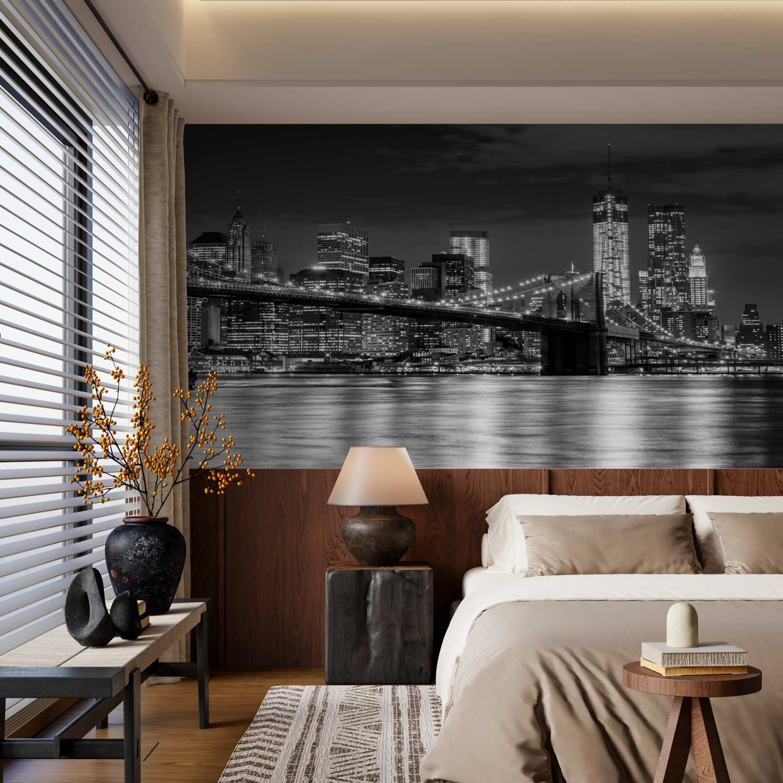 Fotobehang panorama van de brooklyn bridge in zwart-wit