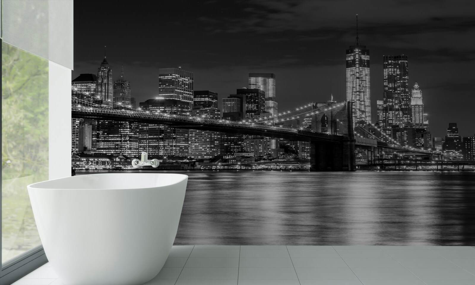 Fotobehang panorama van de brooklyn bridge in zwart-wit