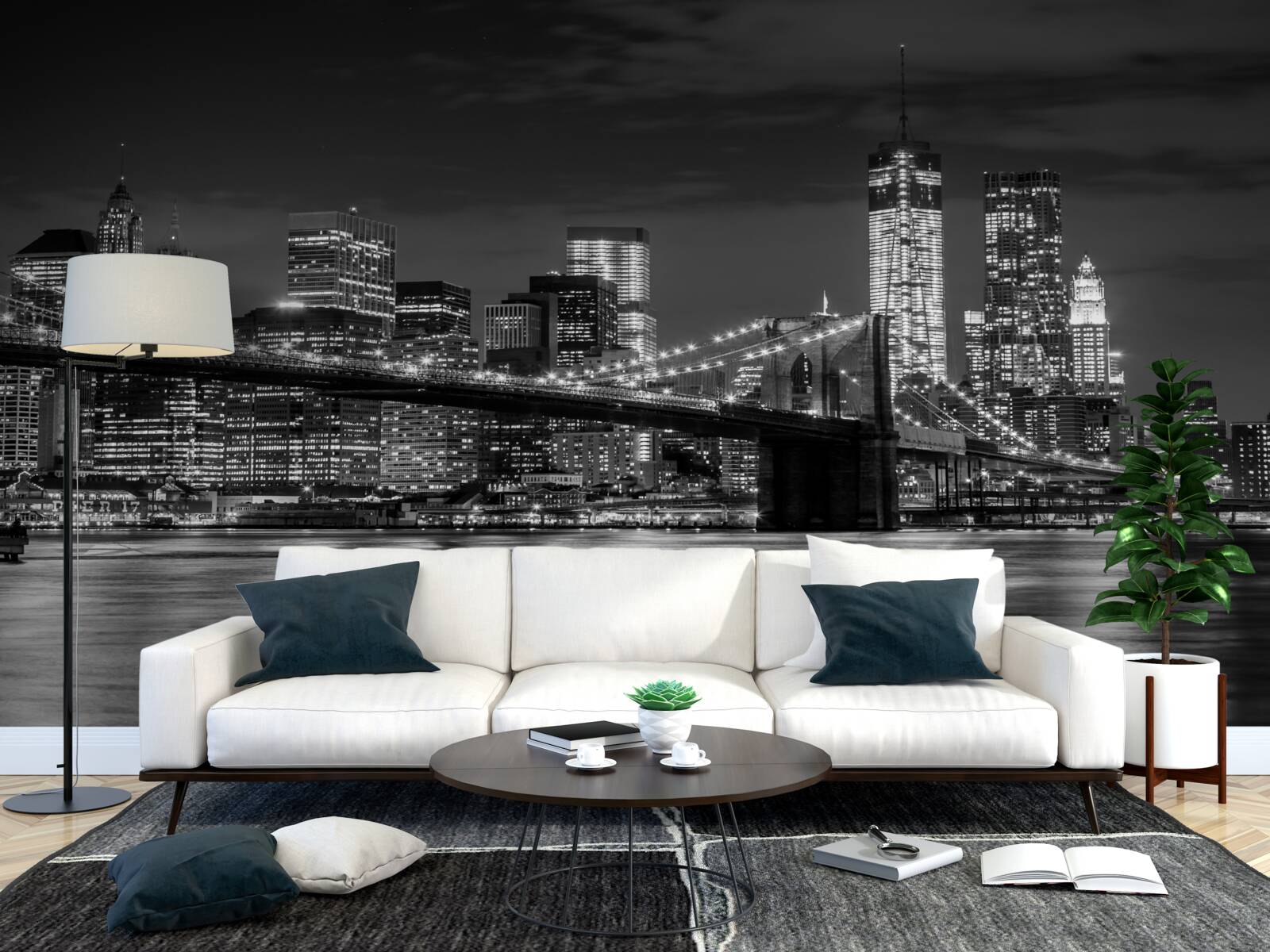 Fotobehang panorama van de brooklyn bridge in zwart-wit