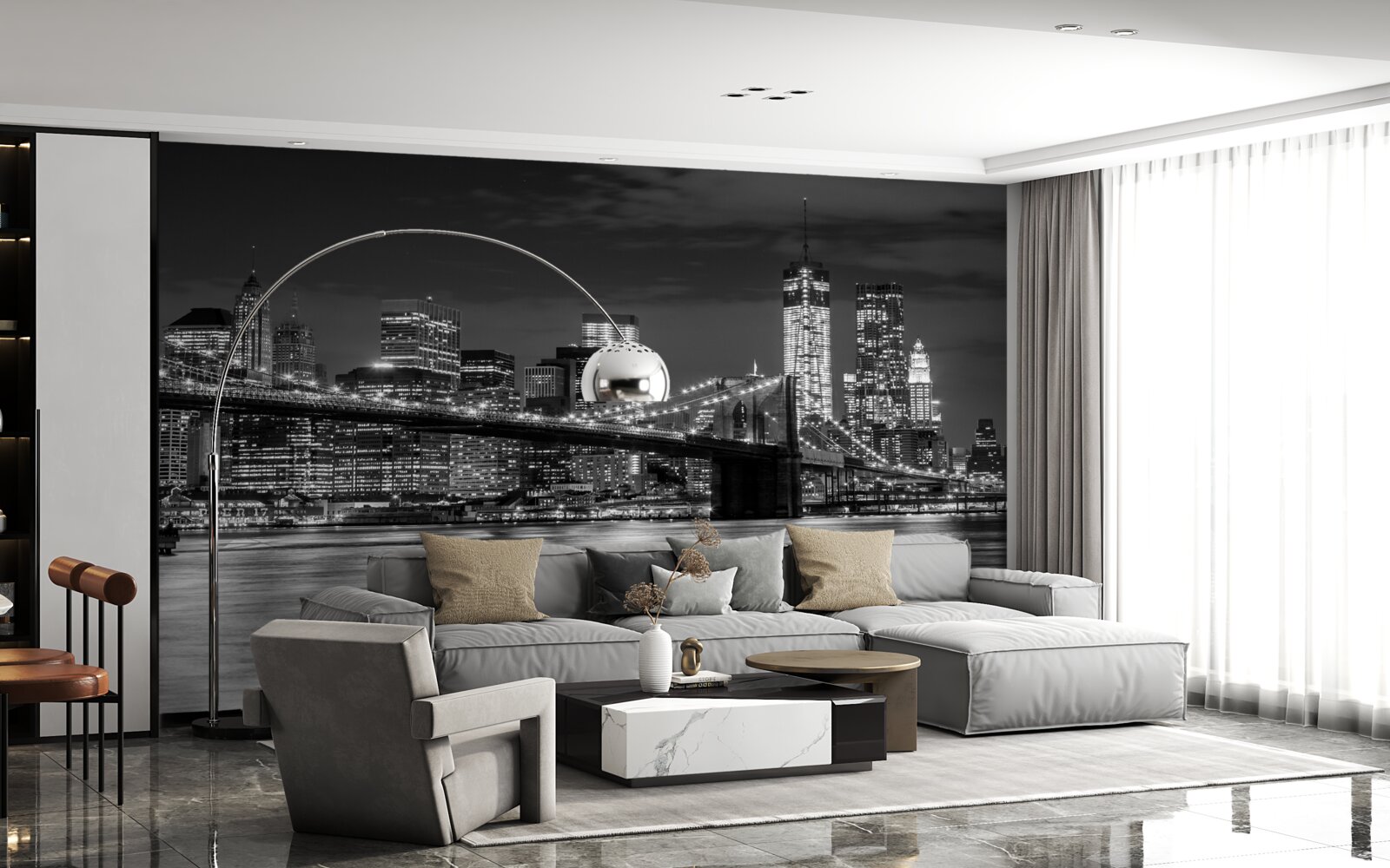 Fotobehang panorama van de brooklyn bridge in zwart-wit