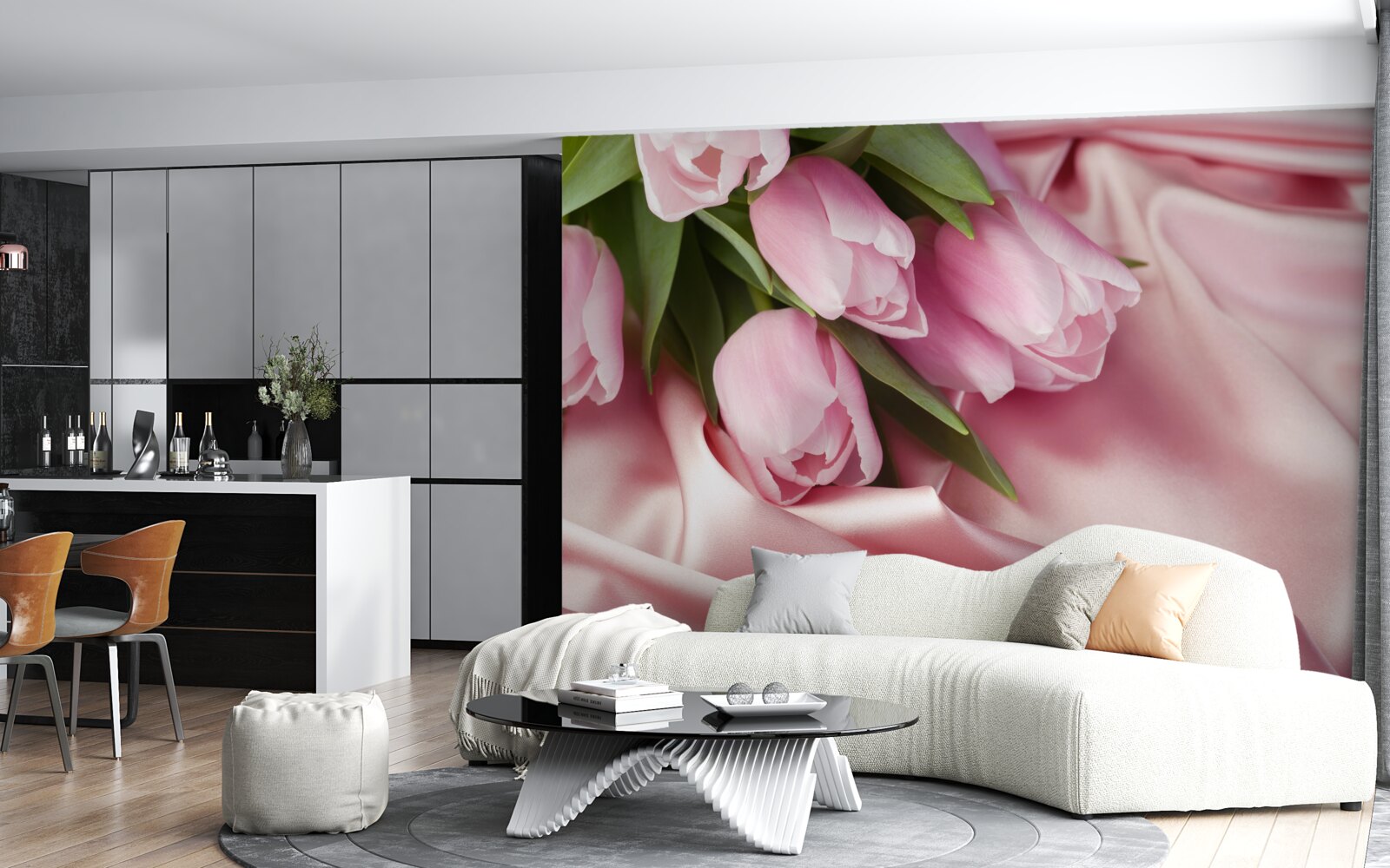 Fotobehang roze tulpen op een zijden achtergrond