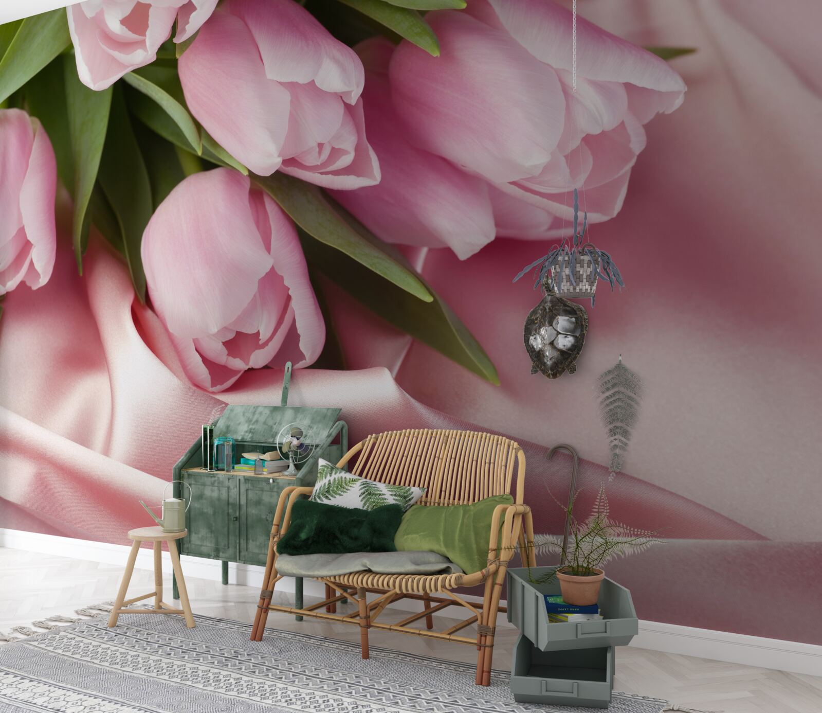 Fotobehang roze tulpen op een zijden achtergrond