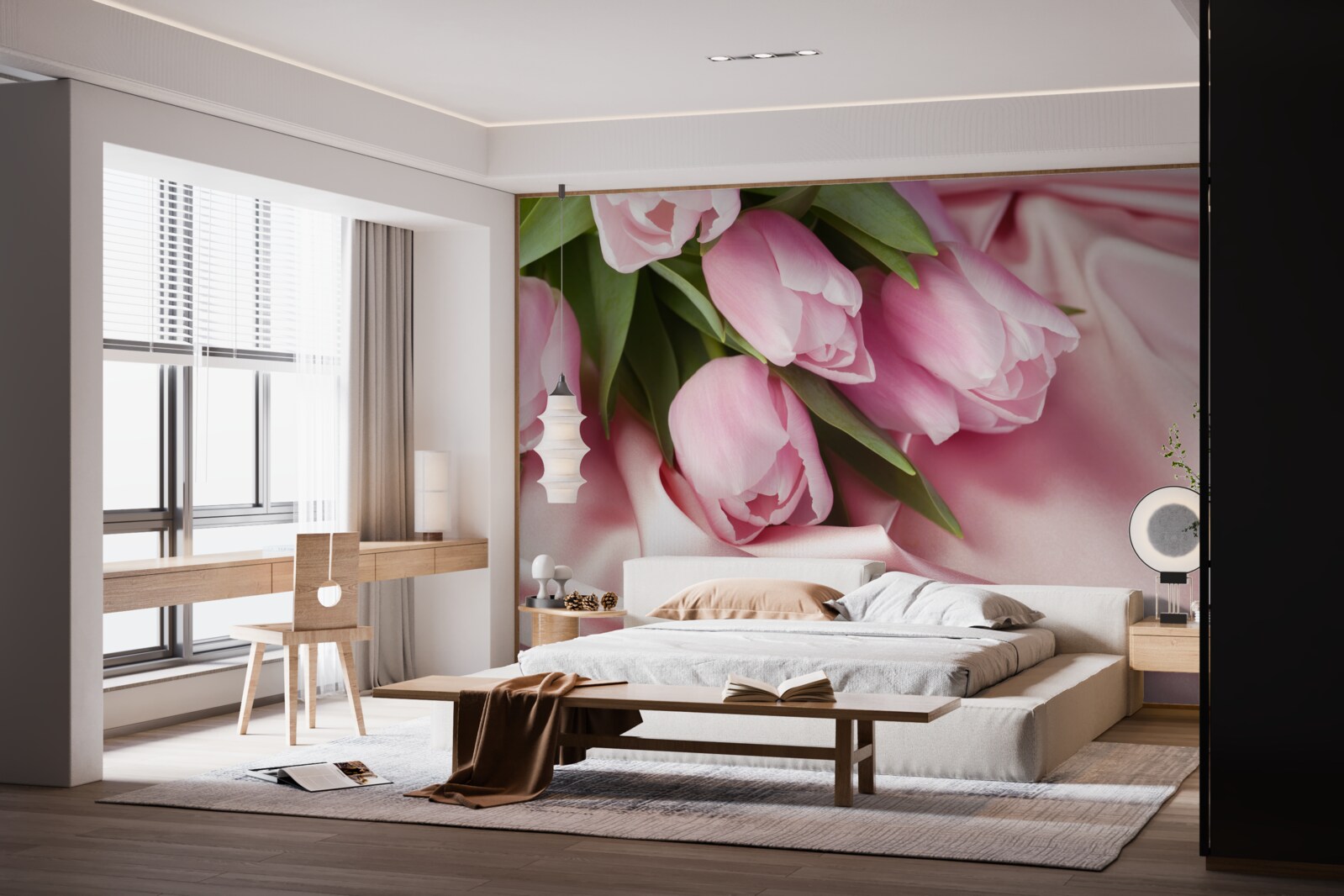 Fotobehang roze tulpen op een zijden achtergrond