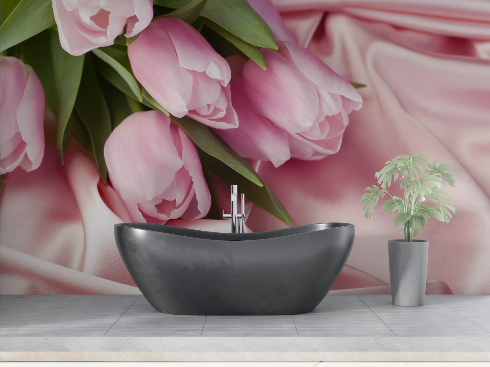 Fotobehang roze tulpen op een zijden achtergrond