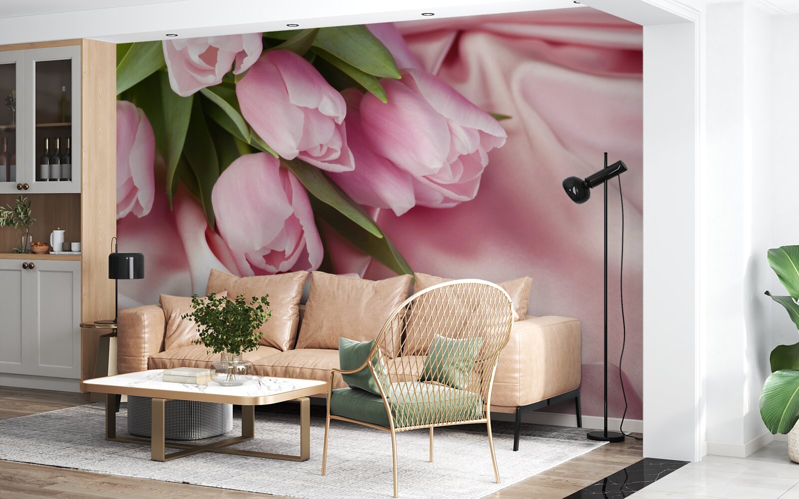 Fotobehang roze tulpen op een zijden achtergrond