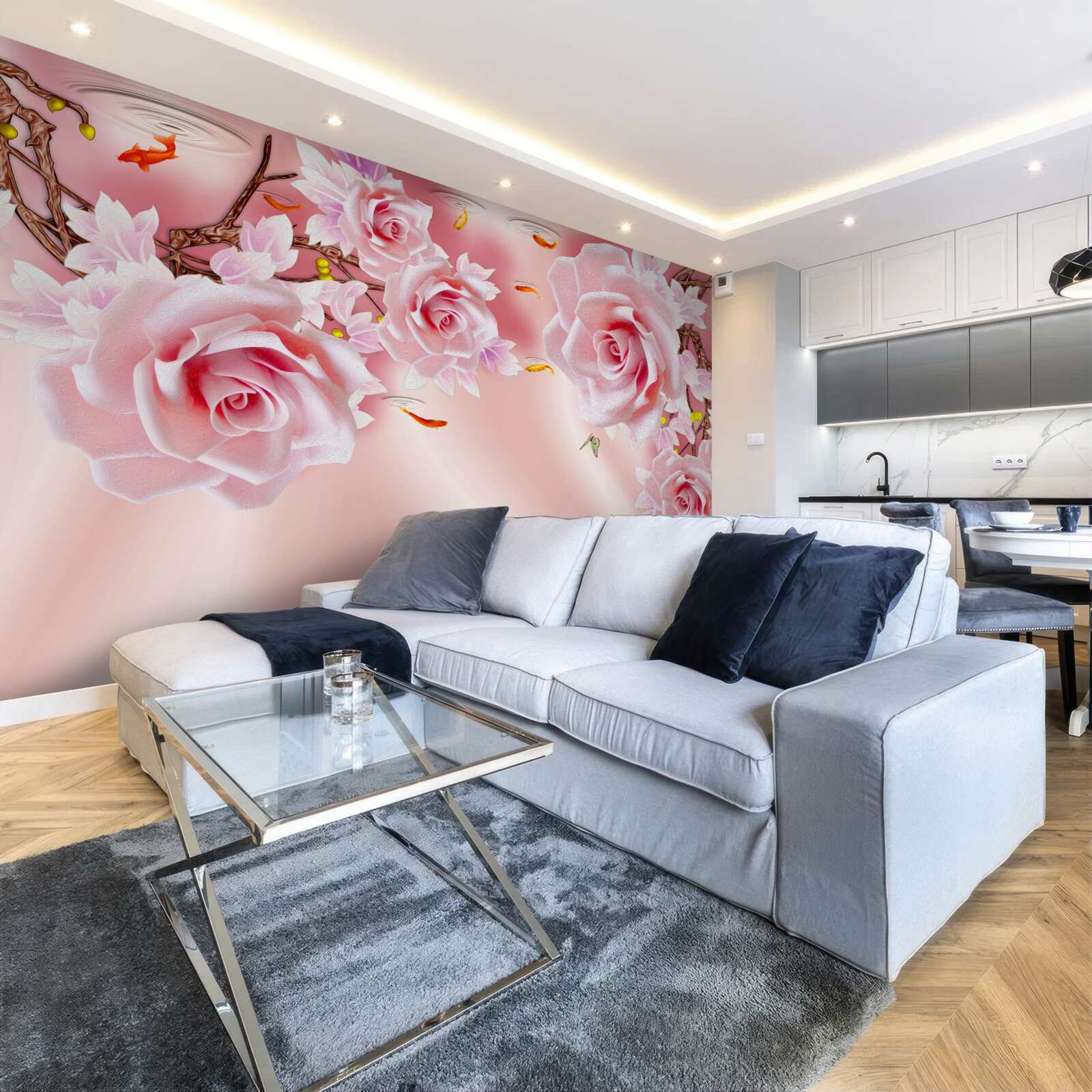 Fotobehang knoppen van tere rozen bloeien op de takken