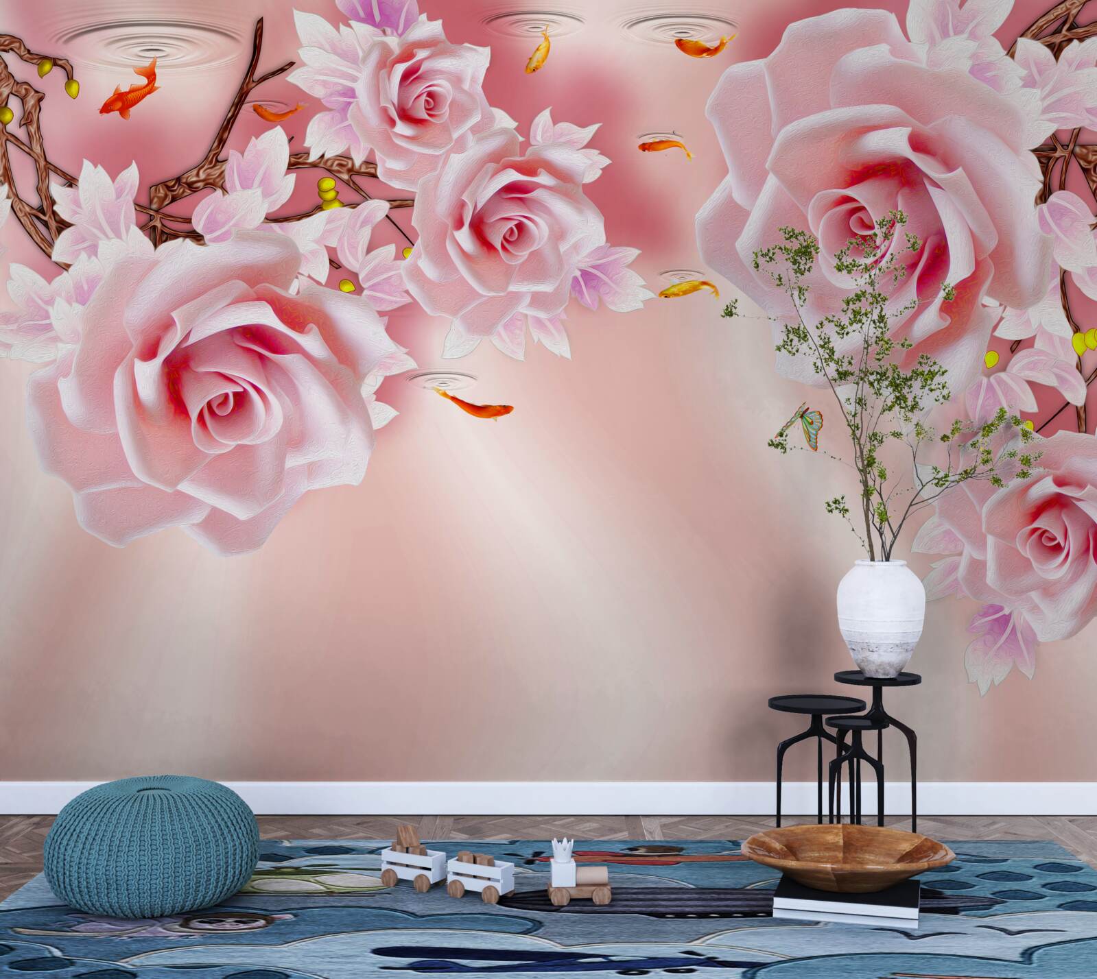 Fotobehang knoppen van tere rozen bloeien op de takken