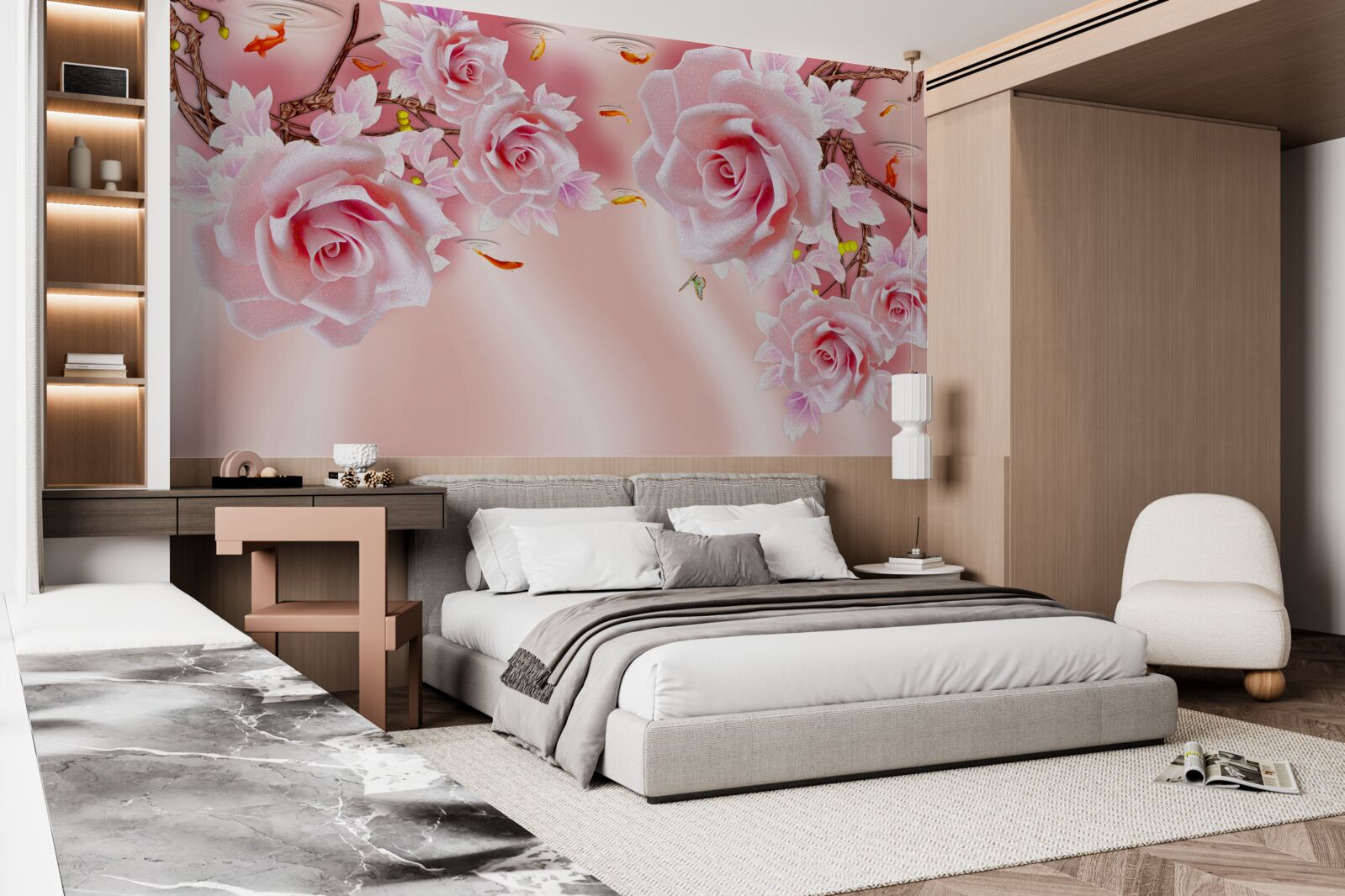 Fotobehang knoppen van tere rozen bloeien op de takken