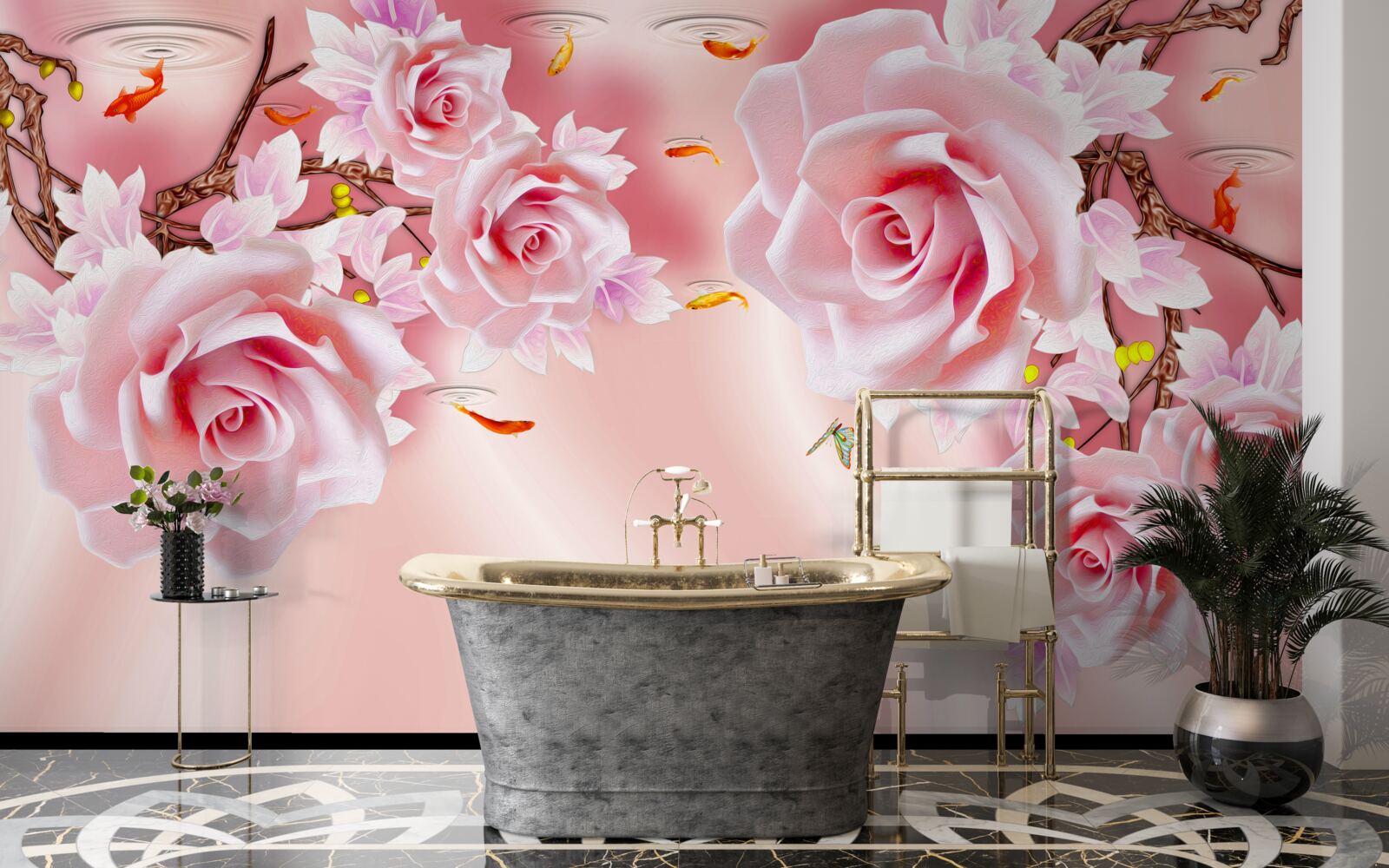 Fotobehang knoppen van tere rozen bloeien op de takken