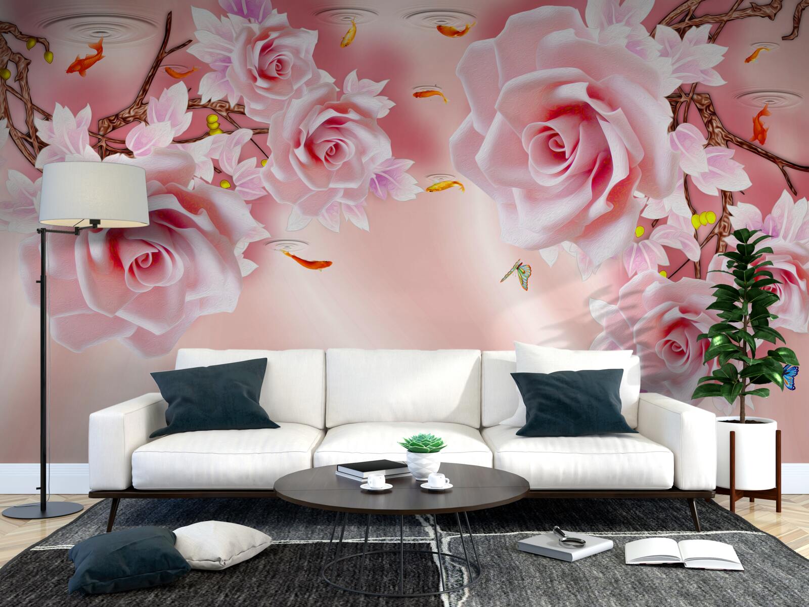 Fotobehang knoppen van tere rozen bloeien op de takken