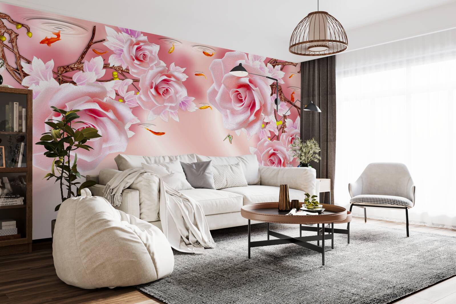 Fotobehang knoppen van tere rozen bloeien op de takken