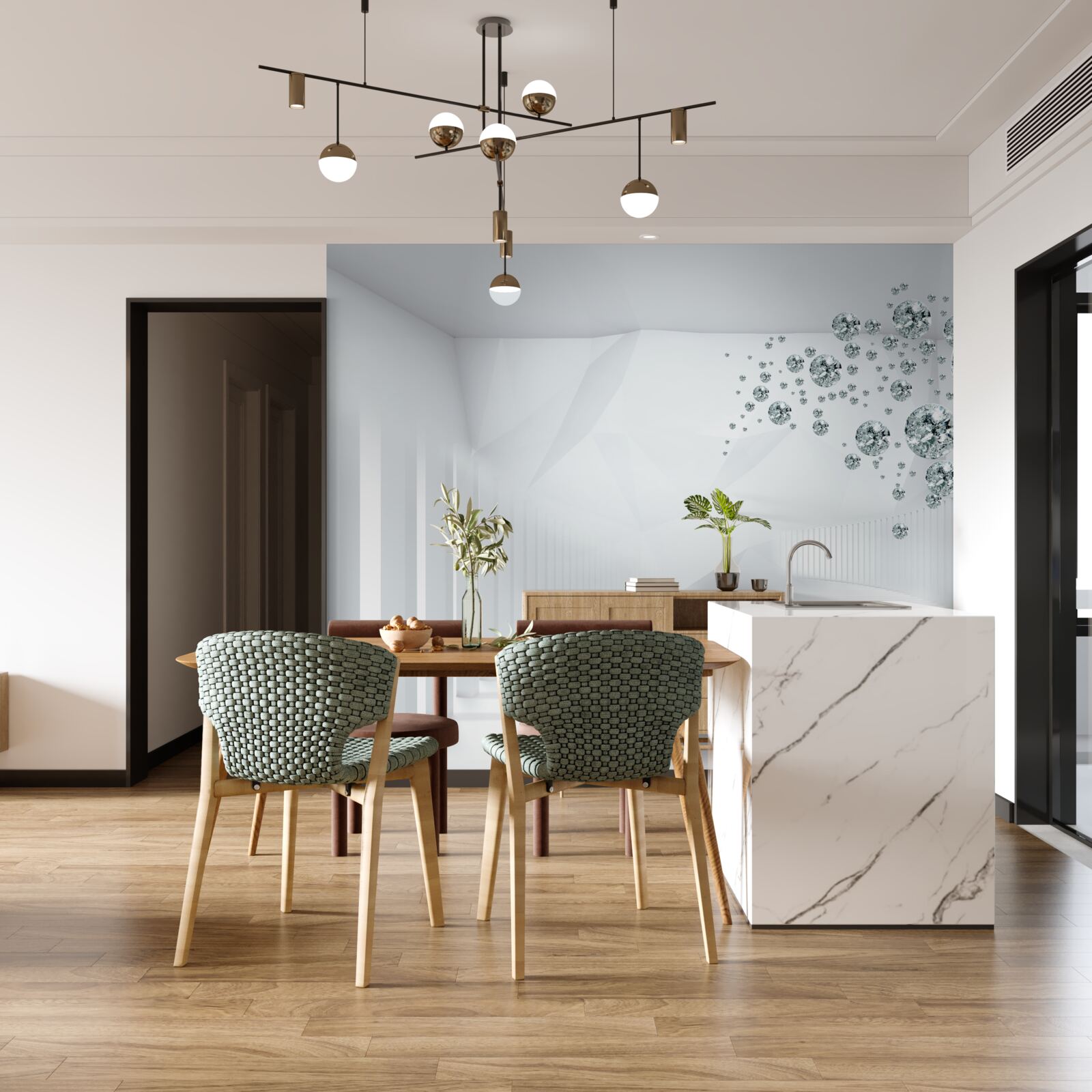 Fotobehang waterdruppels in een helder verlichte kamer