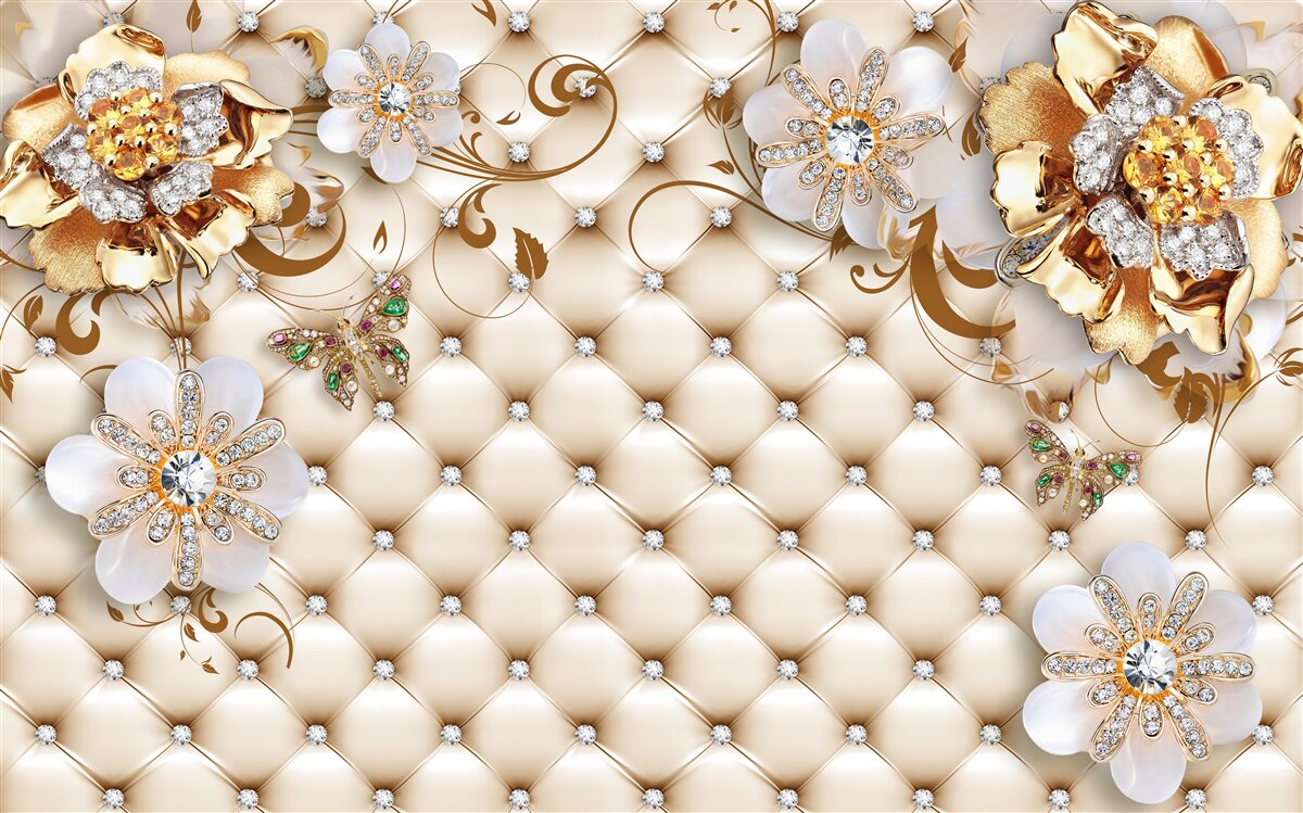 Fotobehang bloemen met vijf bloemblaadjes gedoopt in goud