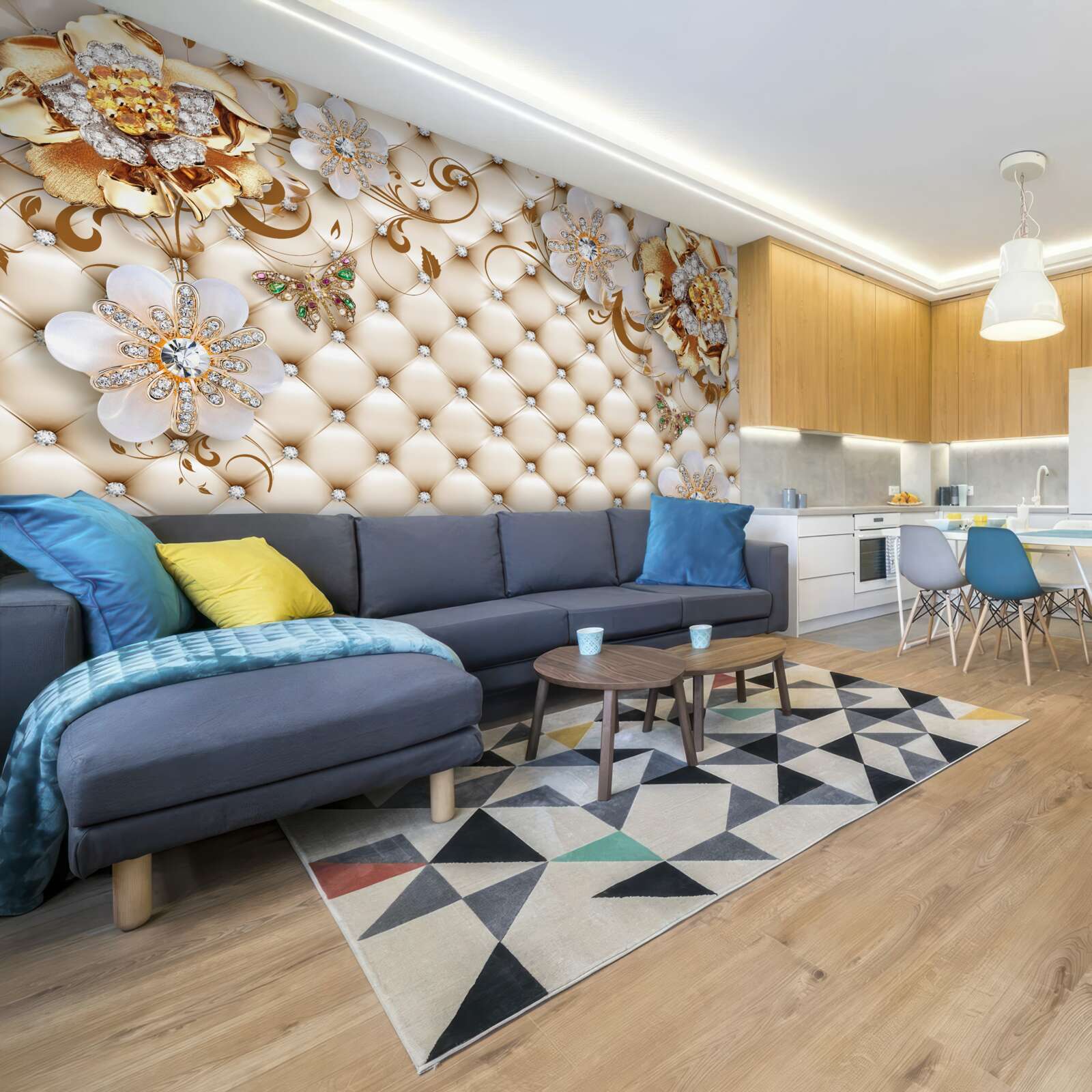 Fotobehang bloemen met vijf bloemblaadjes gedoopt in goud