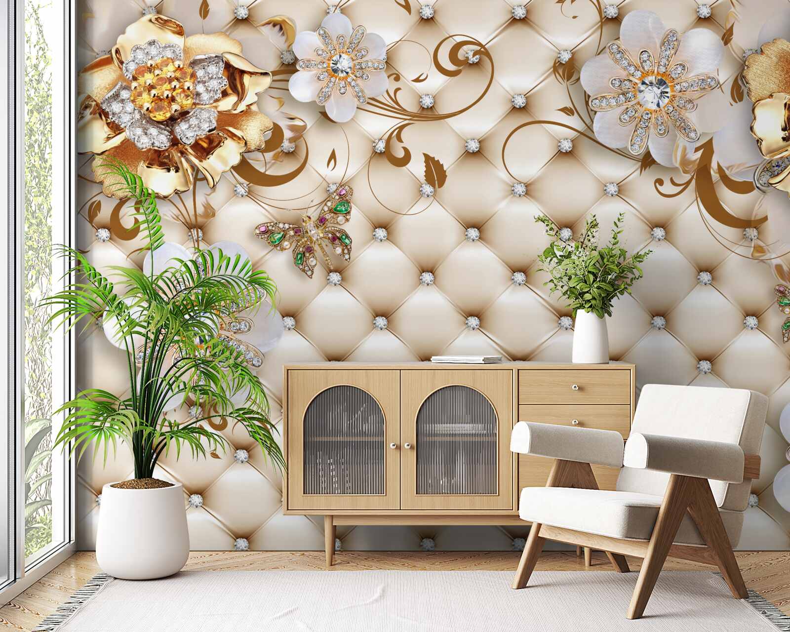 Fotobehang bloemen met vijf bloemblaadjes gedoopt in goud