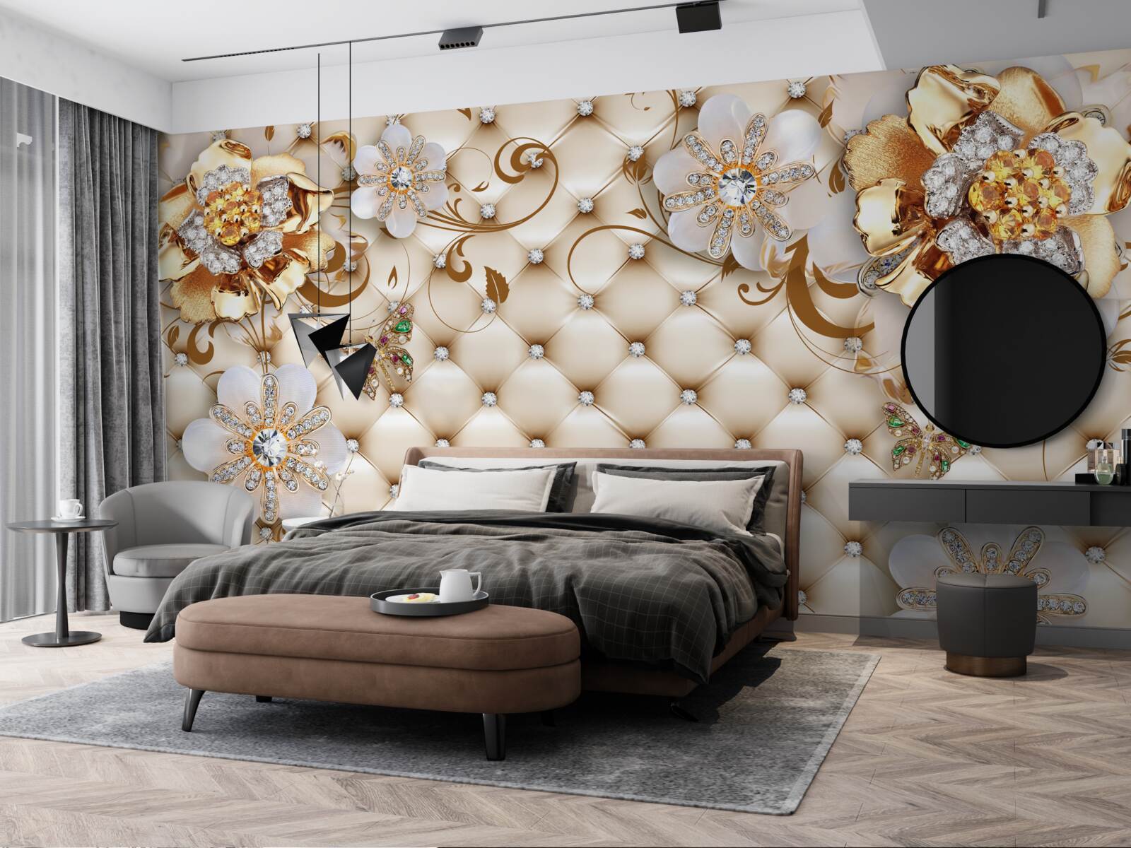 Fotobehang bloemen met vijf bloemblaadjes gedoopt in goud