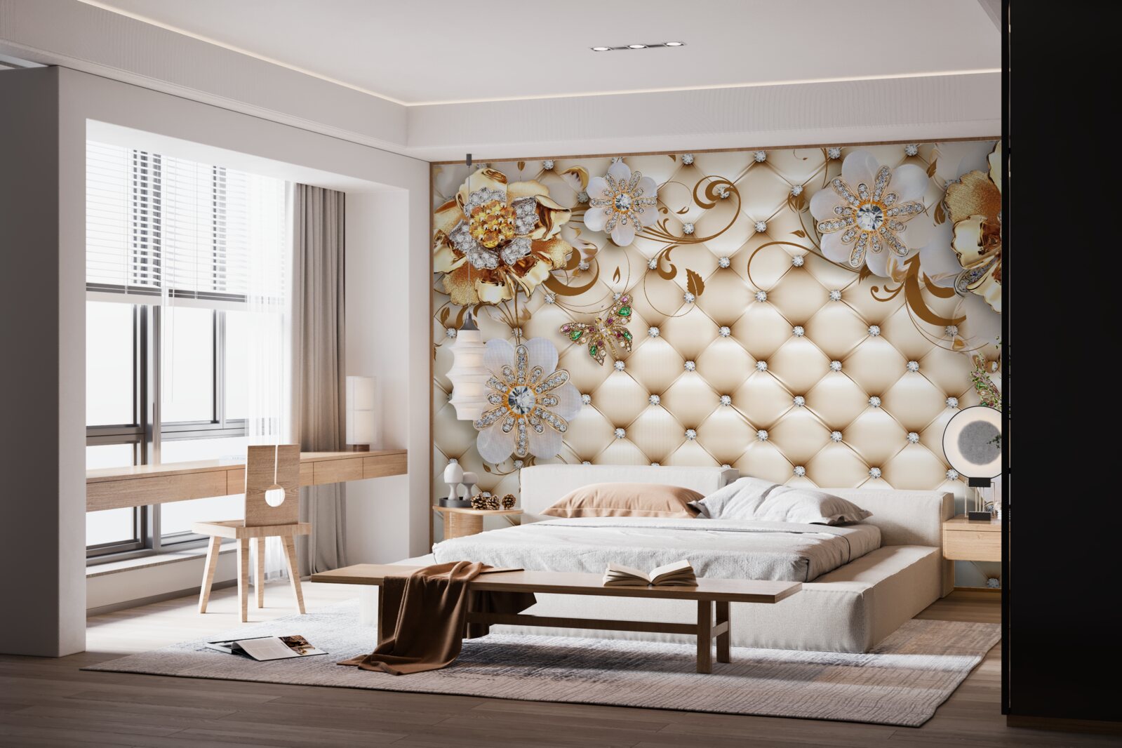 Fotobehang bloemen met vijf bloemblaadjes gedoopt in goud