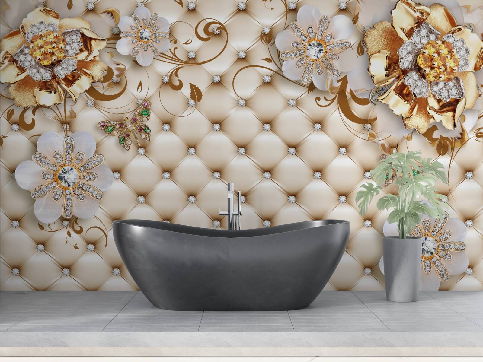 Fotobehang bloemen met vijf bloemblaadjes gedoopt in goud