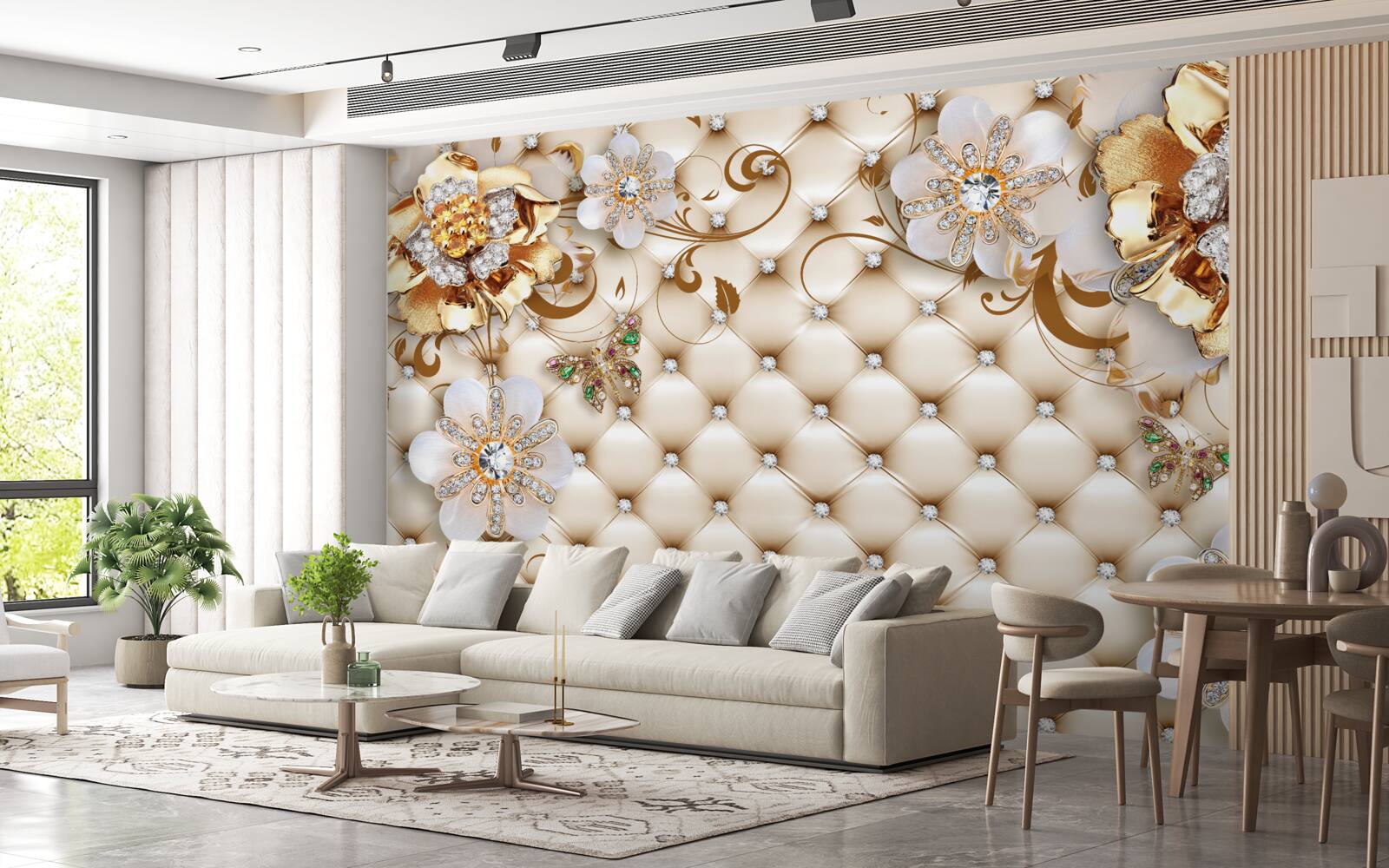 Fotobehang bloemen met vijf bloemblaadjes gedoopt in goud