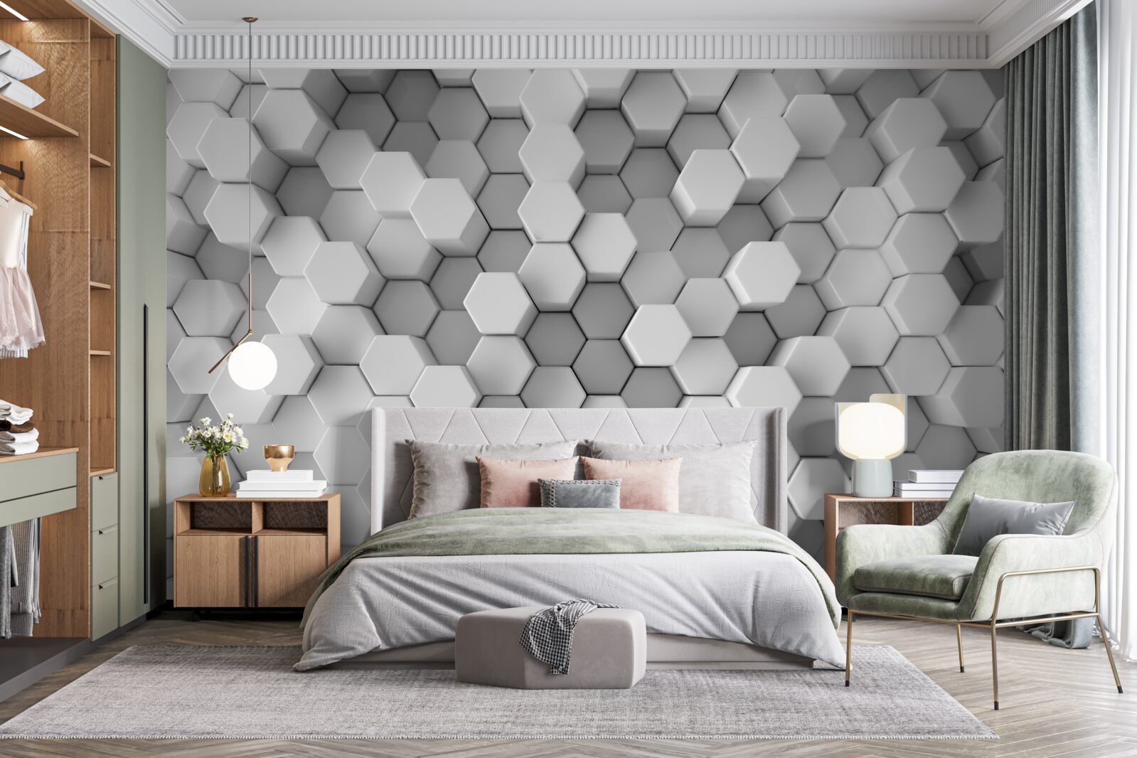 Fotobehang in vorm geperste grijze en witte zeshoeken