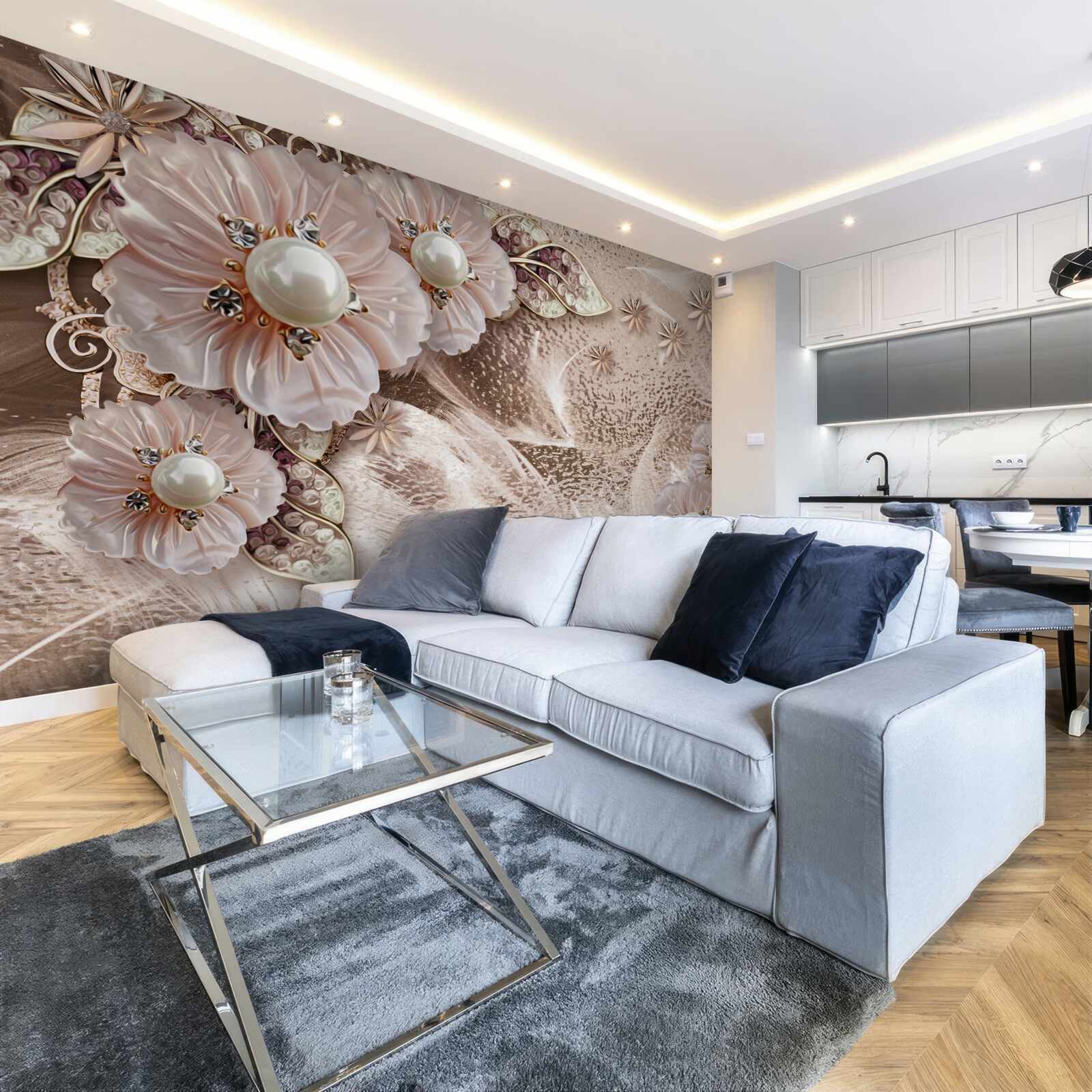 Fotobehang parels en sierlijke bloeiwijzen met open knoppen