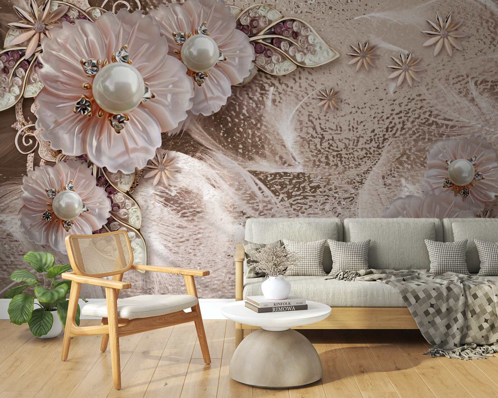 Fotobehang parels en sierlijke bloeiwijzen met open knoppen