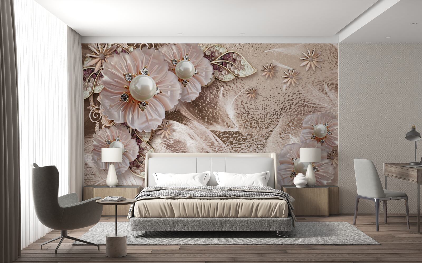 Fotobehang parels en sierlijke bloeiwijzen met open knoppen