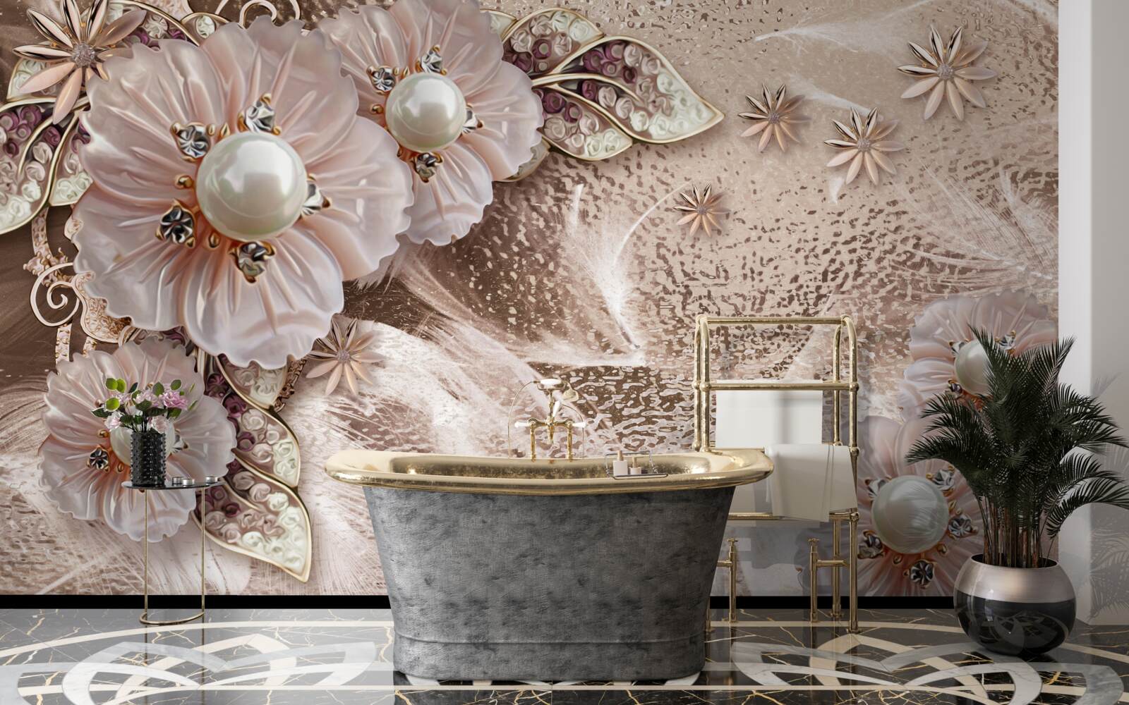 Fotobehang parels en sierlijke bloeiwijzen met open knoppen