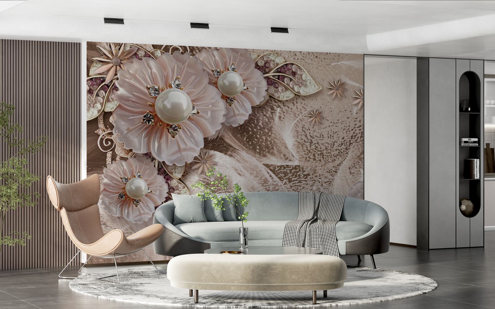 Fotobehang parels en sierlijke bloeiwijzen met open knoppen