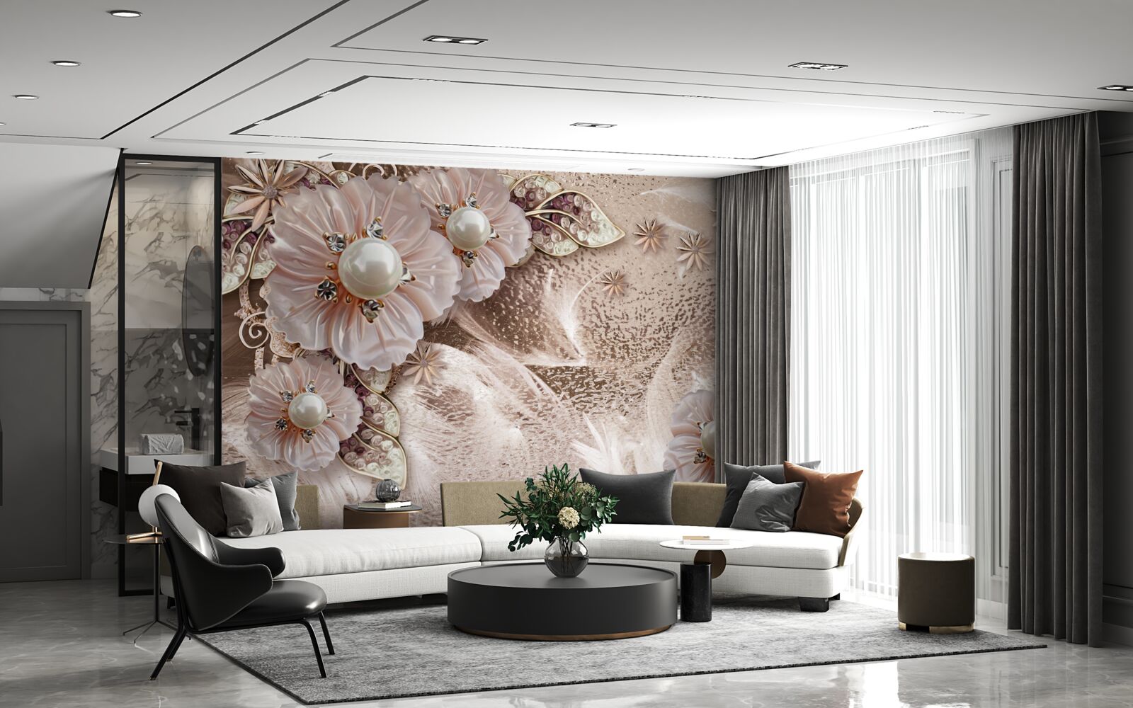 Fotobehang parels en sierlijke bloeiwijzen met open knoppen