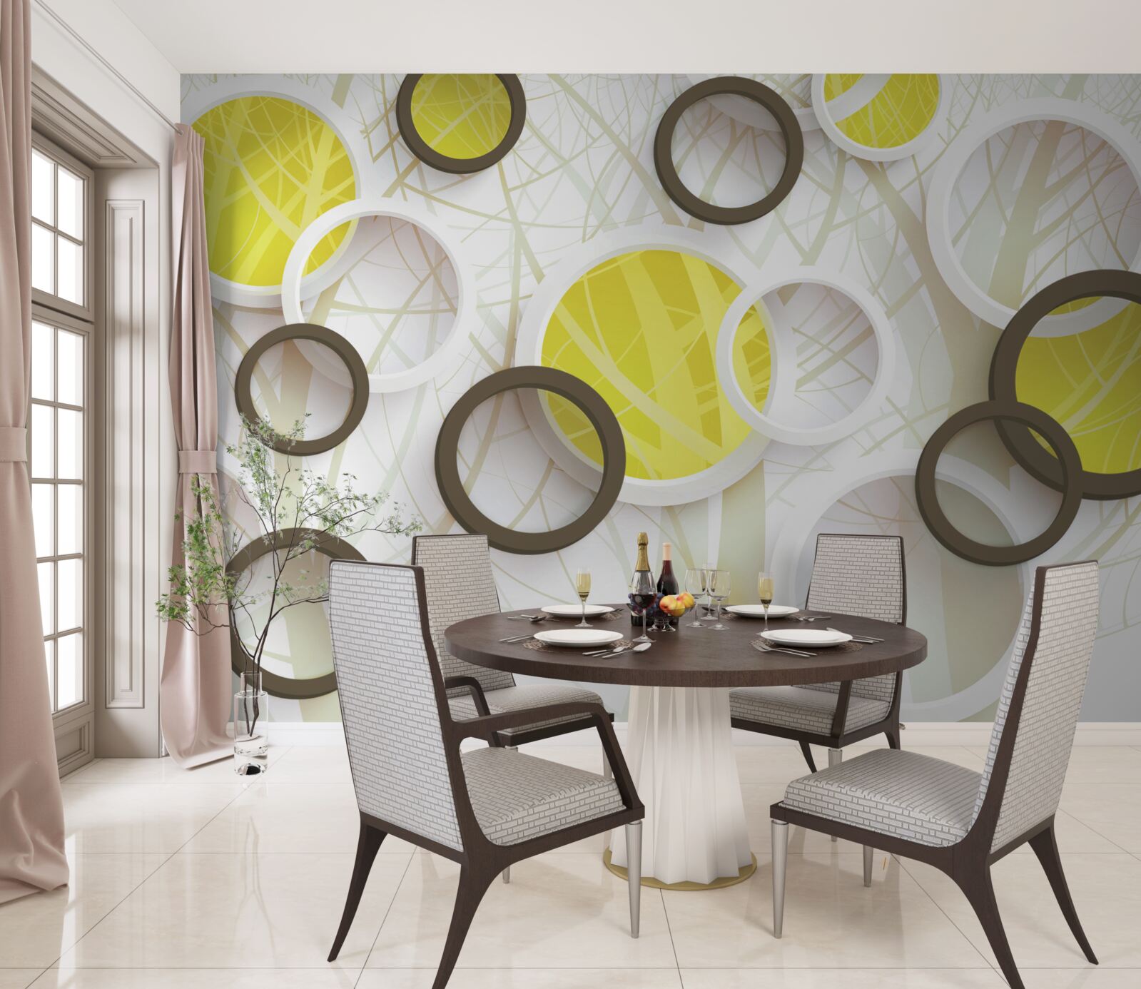 Fotobehang wielen in stereoscopisch zicht, met bos op de achtergrond