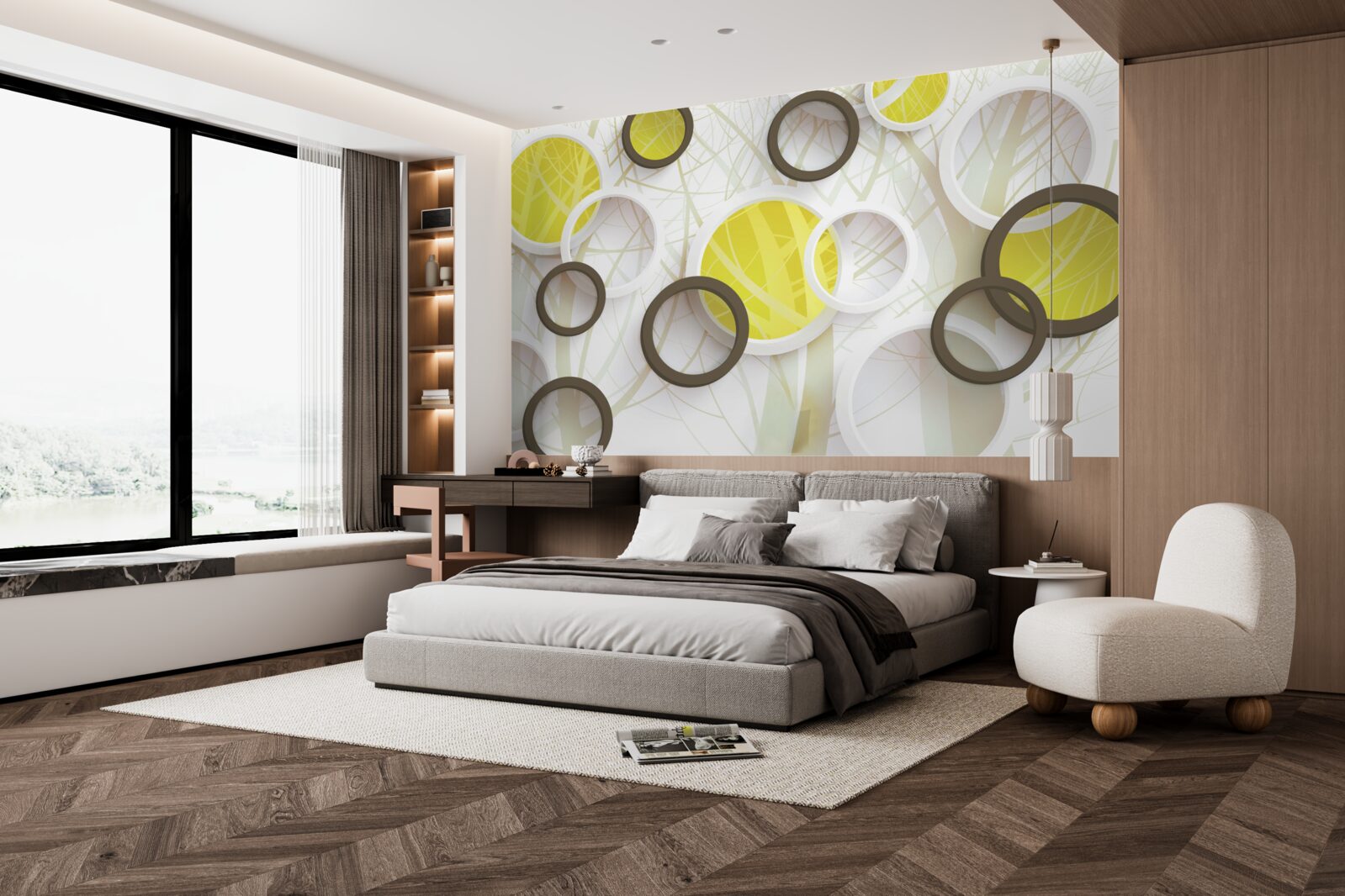 Fotobehang wielen in stereoscopisch zicht, met bos op de achtergrond