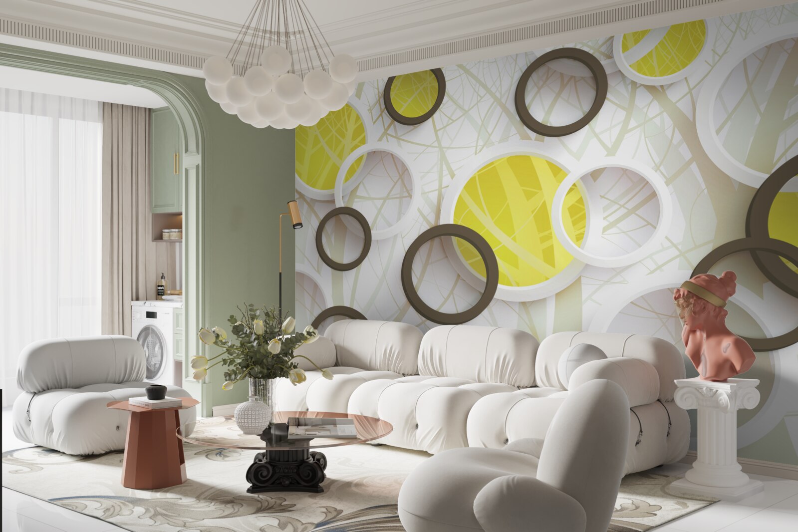 Fotobehang wielen in stereoscopisch zicht, met bos op de achtergrond