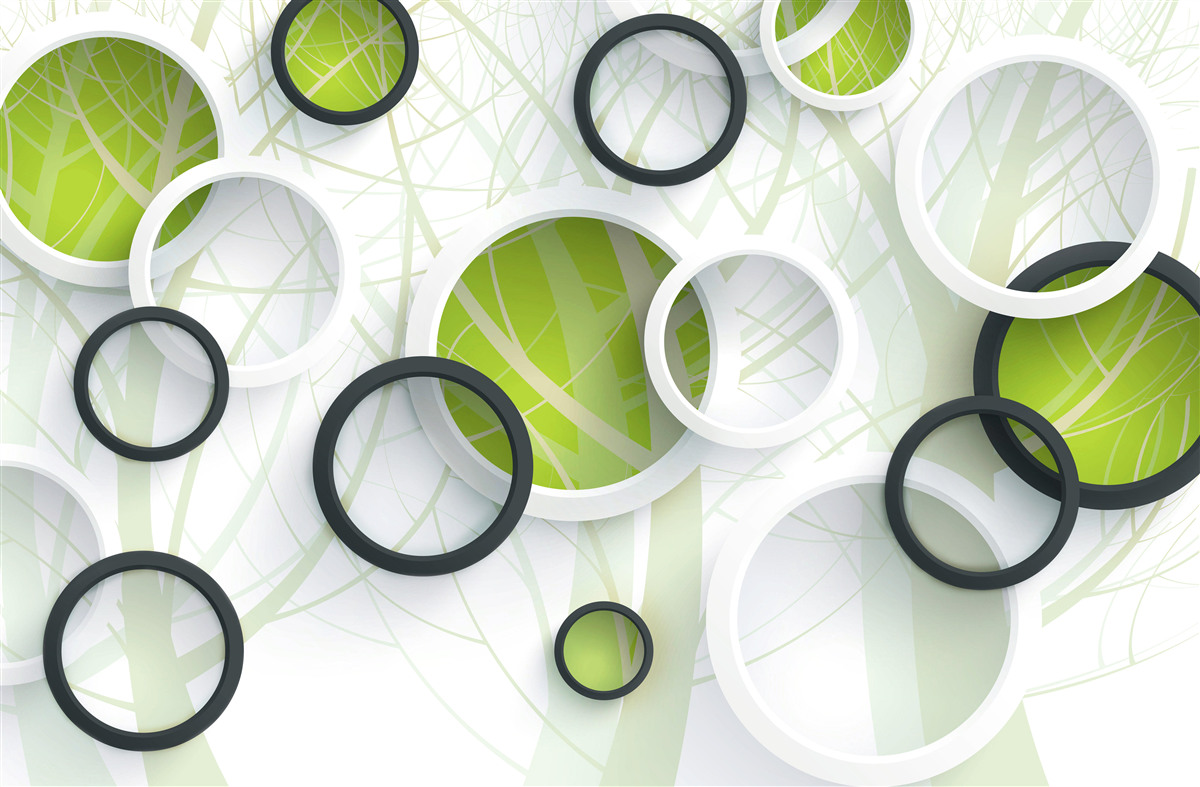 Fotobehang dichtbegroeid bos en 3d cirkels