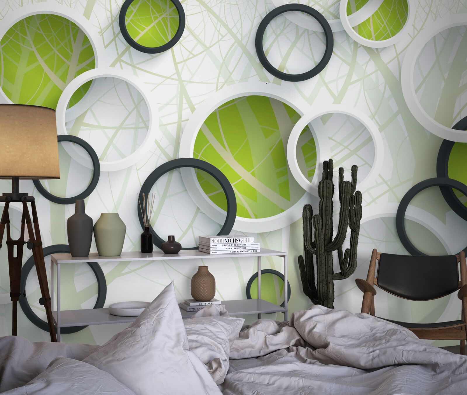 Fotobehang dichtbegroeid bos en 3d cirkels